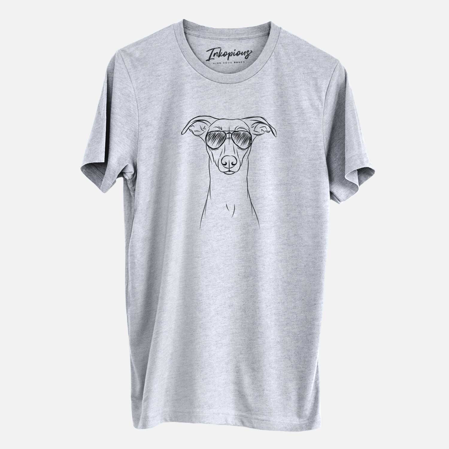 Hand-drawn sketch of Wallace the Whippet wearing aviator sunglasses on a Grey Unisex crewneck