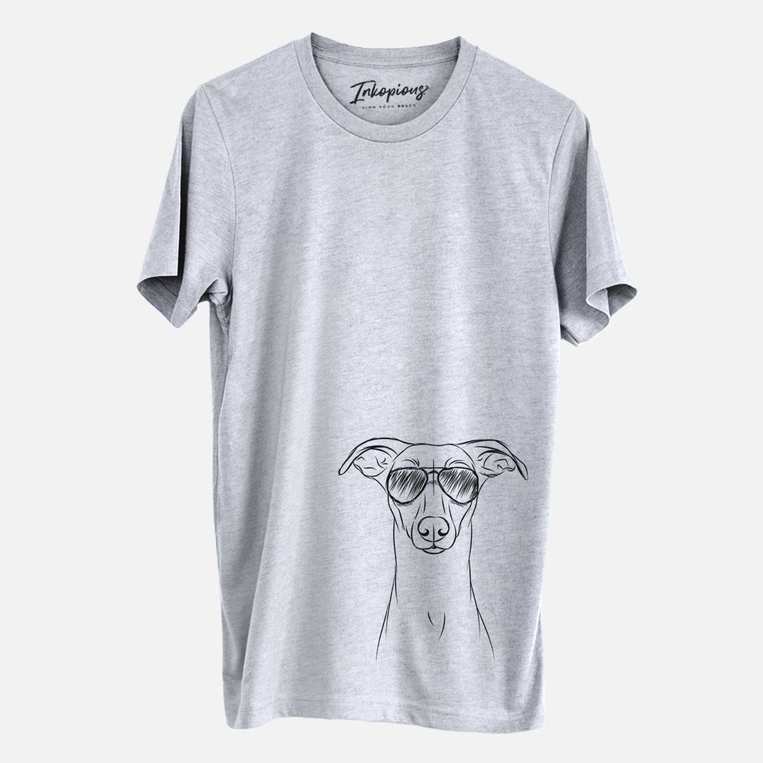 Hand-drawn sketch of Wallace the Whippet wearing aviator sunglasses on a Grey Unisex crewneck