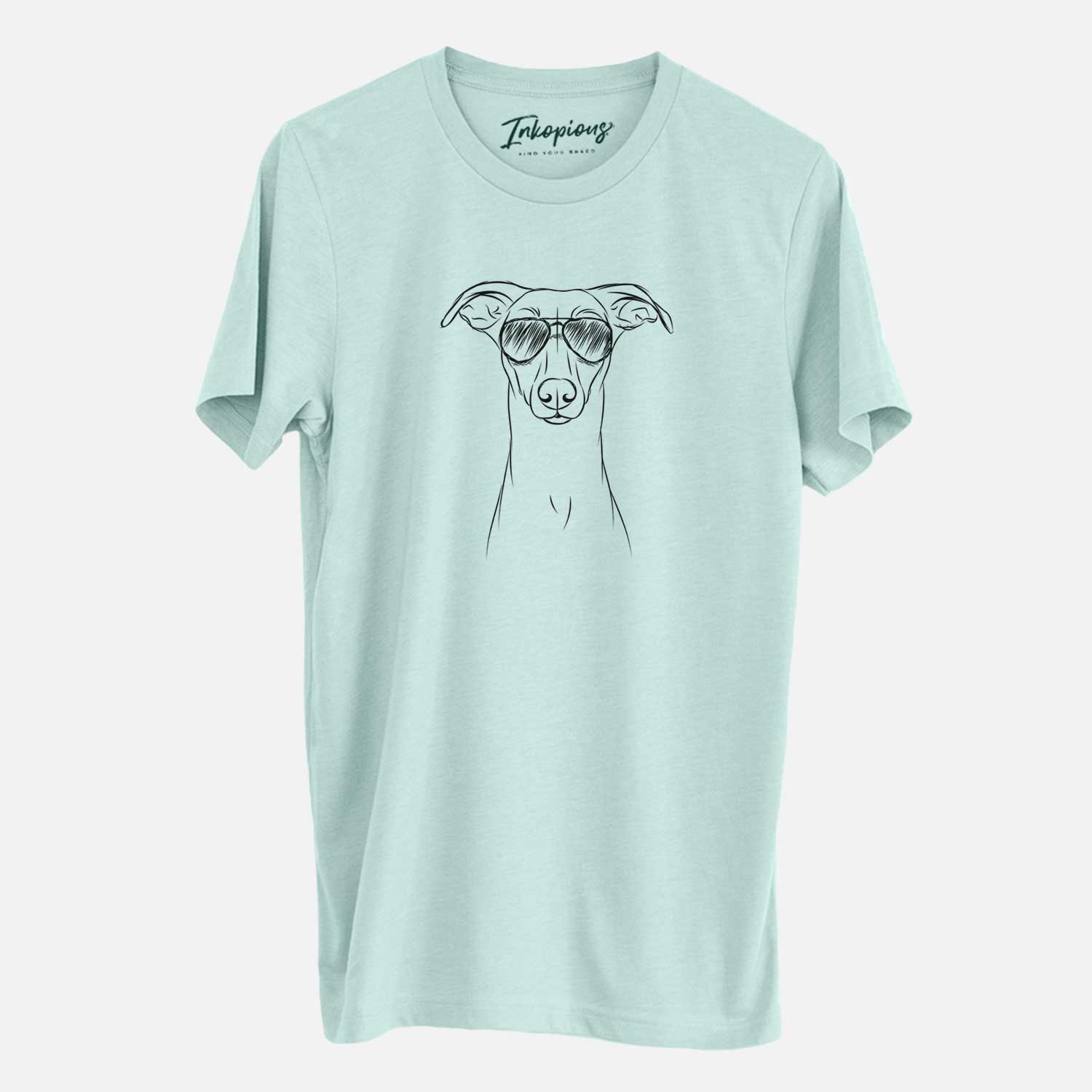 Hand-drawn sketch of Wallace the Whippet wearing aviator sunglasses on a Heather Sage Unisex crewneck