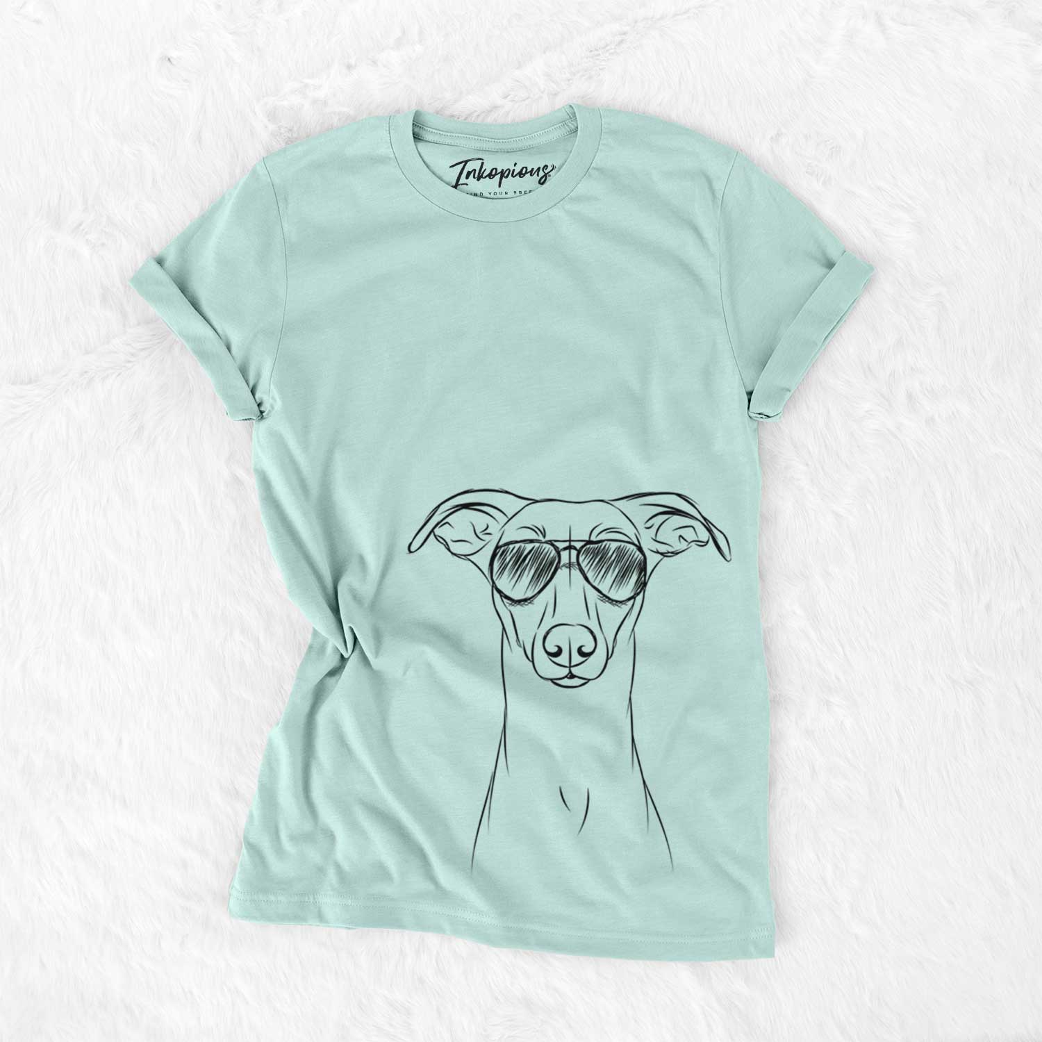 Hand-drawn sketch of Wallace the Whippet wearing aviator sunglasses on a Heather Sage Unisex crewneck