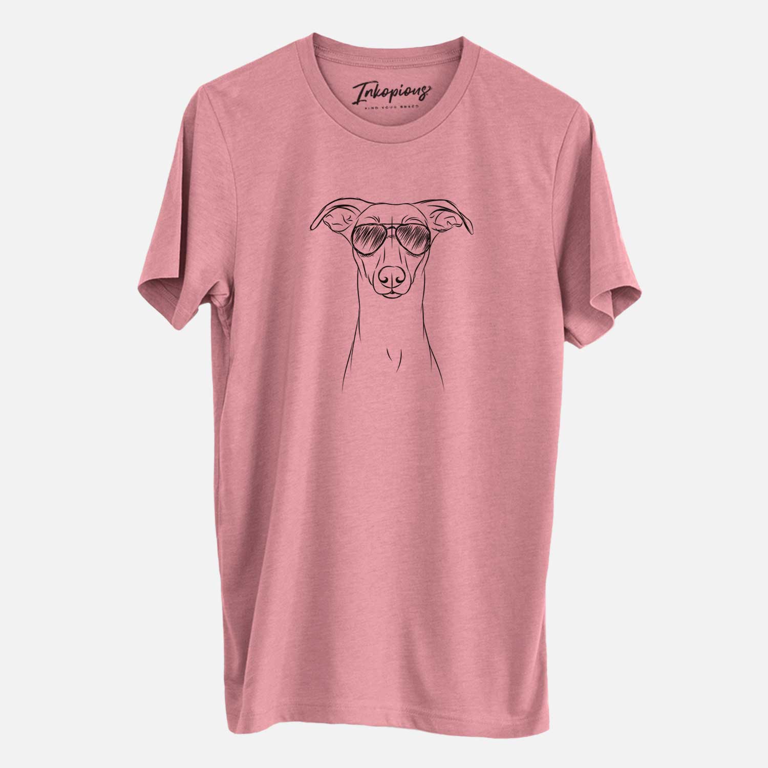 Hand-drawn sketch of Wallace the Whippet wearing aviator sunglasses on a Mauve Unisex crewneck
