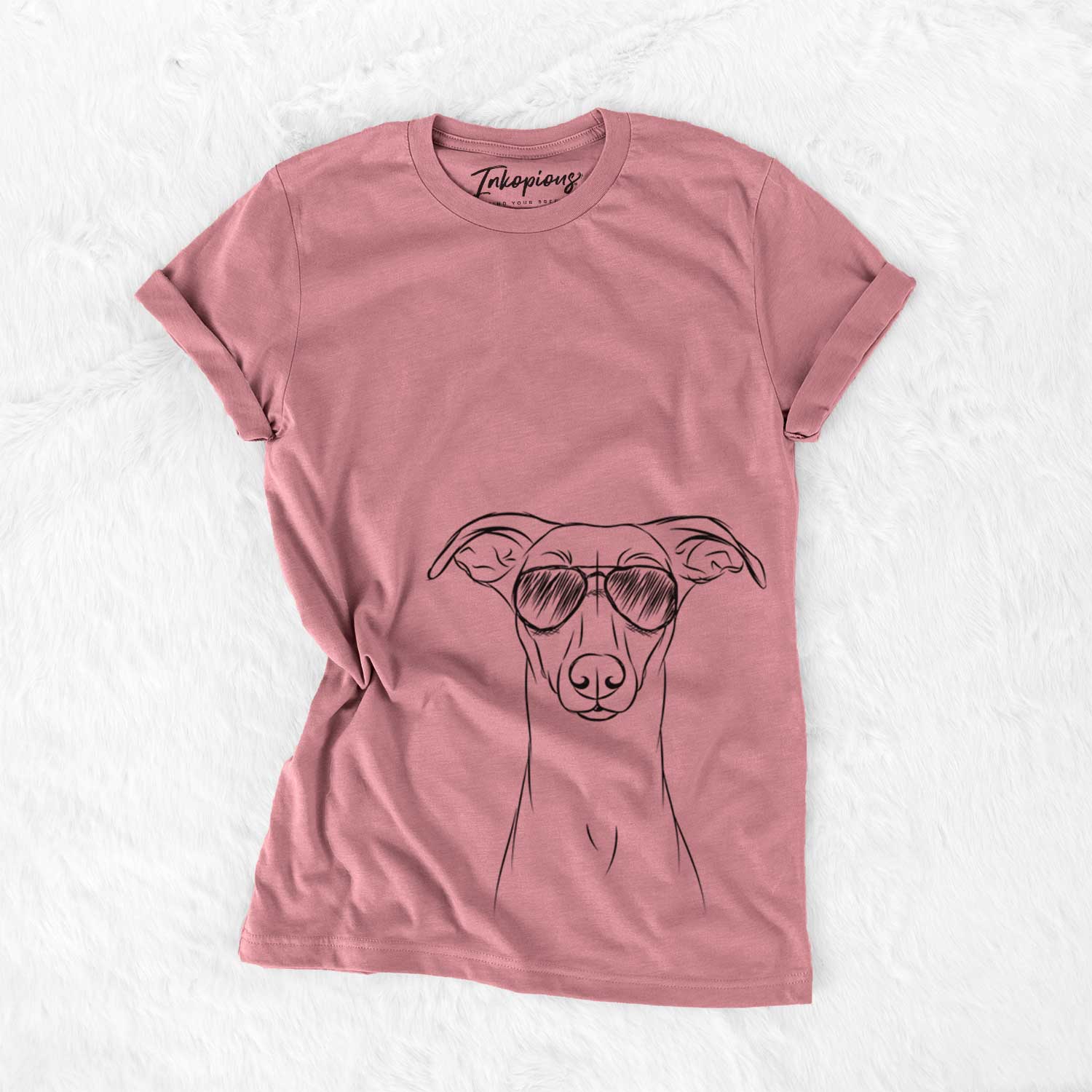 Hand-drawn sketch of Wallace the Whippet wearing aviator sunglasses on a Mauve Unisex crewneck