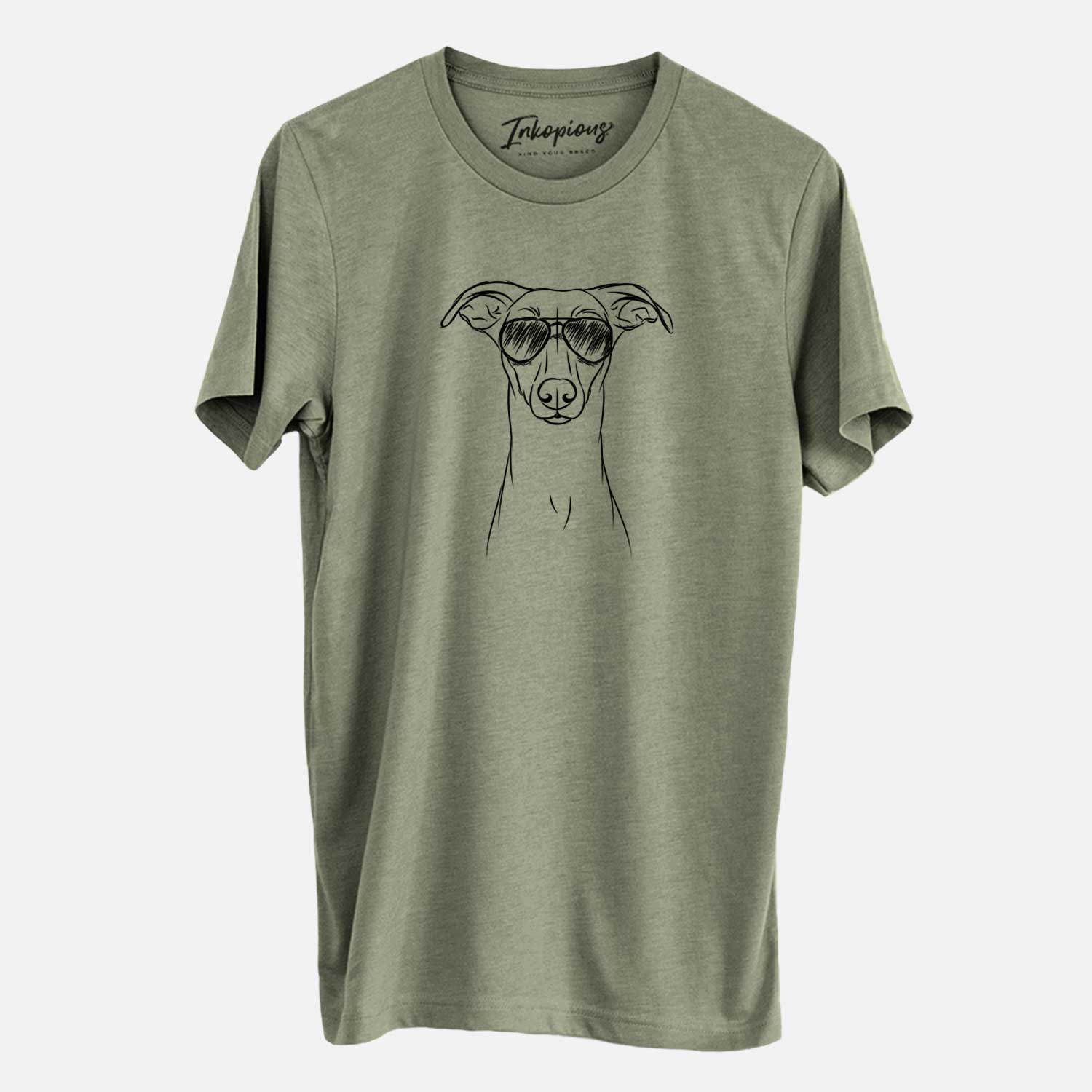 Hand-drawn sketch of Wallace the Whippet wearing aviator sunglasses on an Olive Unisex crewneck