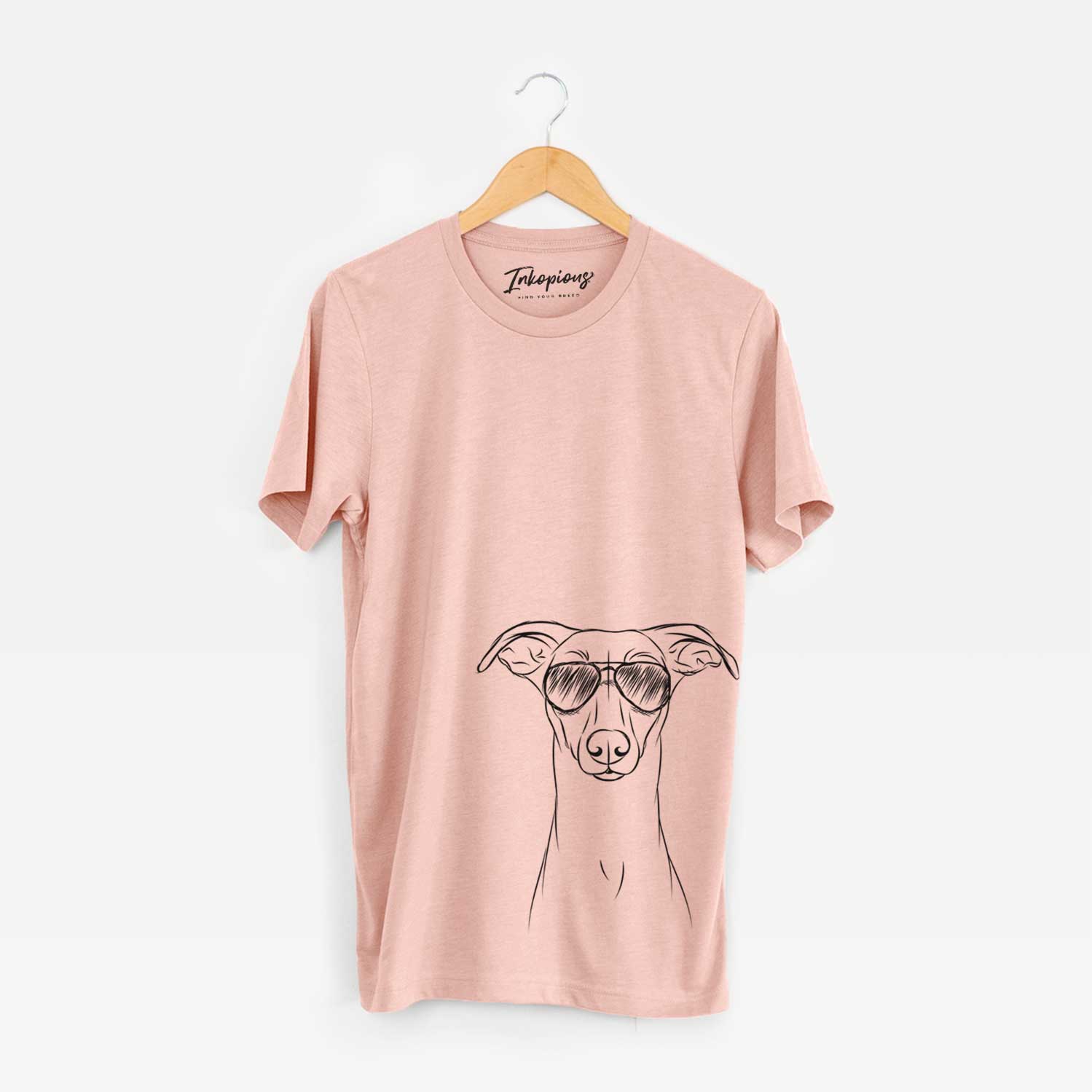 Hand-drawn sketch of Wallace the Whippet wearing aviator sunglasses on a Peach Unisex crewneck