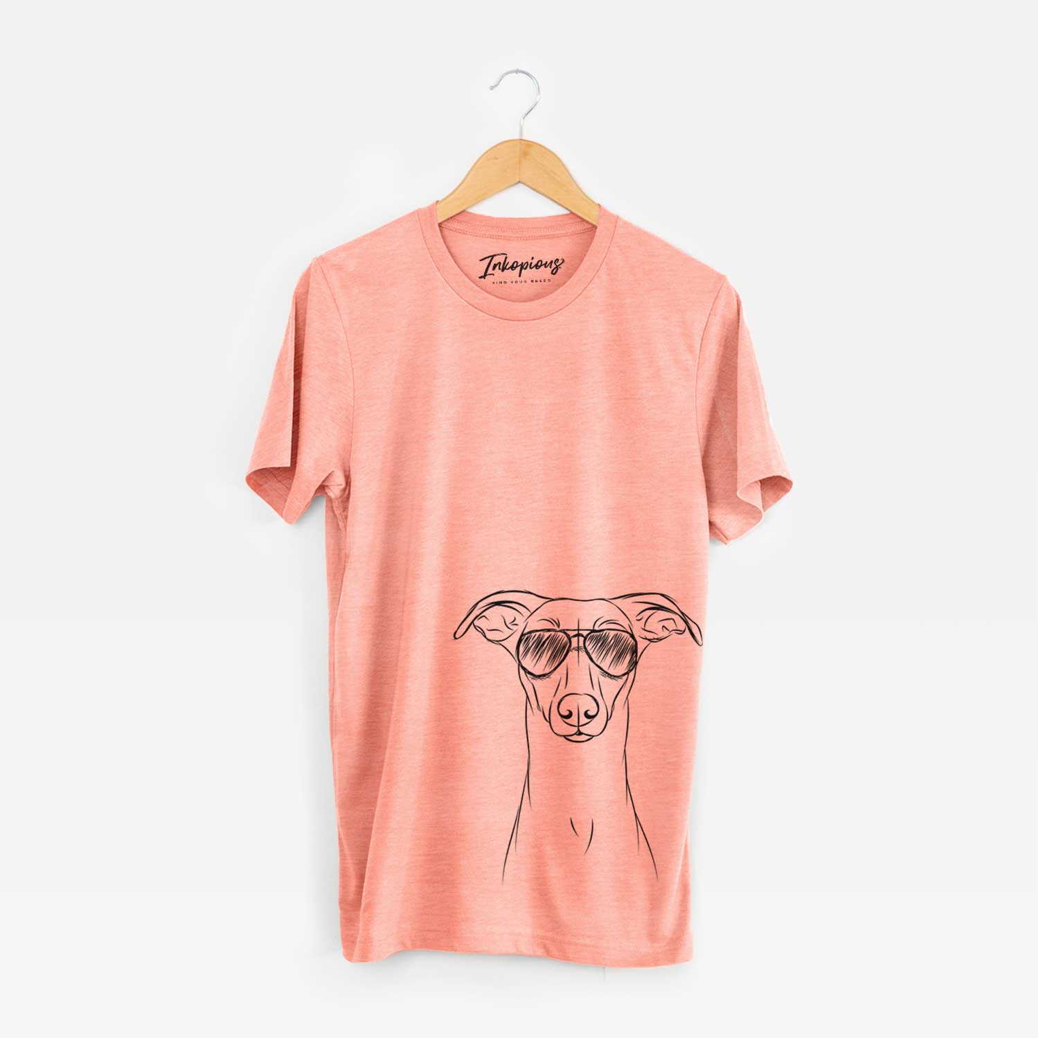 Hand-drawn sketch of Wallace the Whippet wearing aviator sunglasses on a Sunset Unisex crewneck