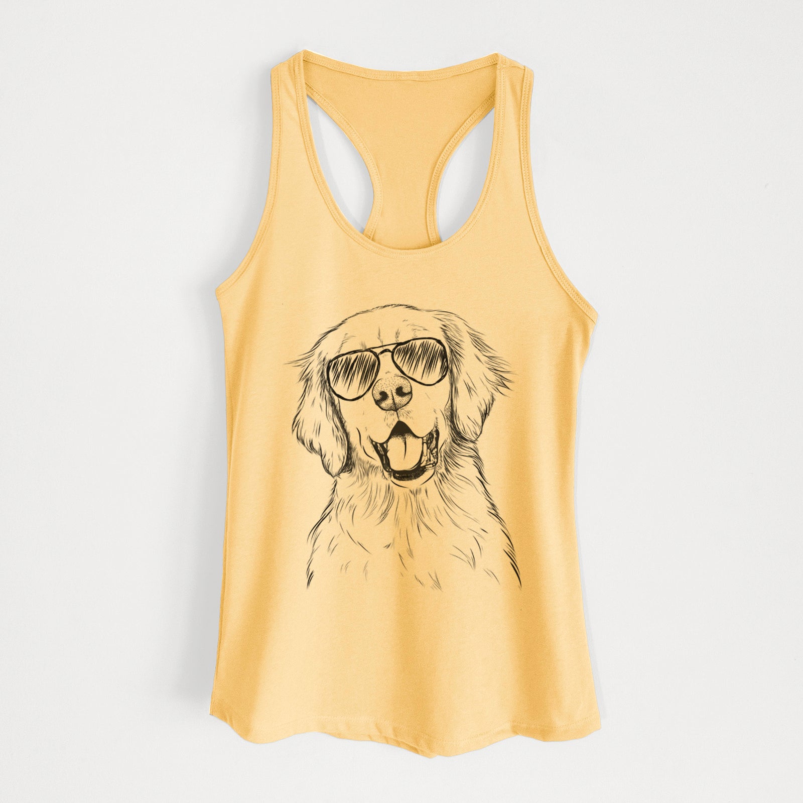 Hand-drawn sketch of Wallace the Golden Retriever wearing aviator sunglasses on a Banana Cream Women's racerback tanktop