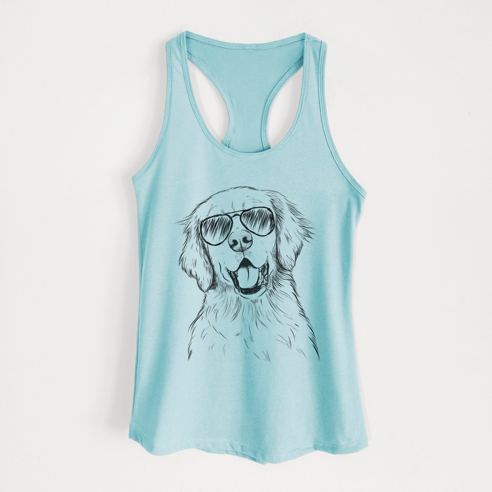 Hand-drawn sketch of Wallace the Golden Retriever wearing aviator sunglasses on a Cancun Blue Women's racerback tanktop