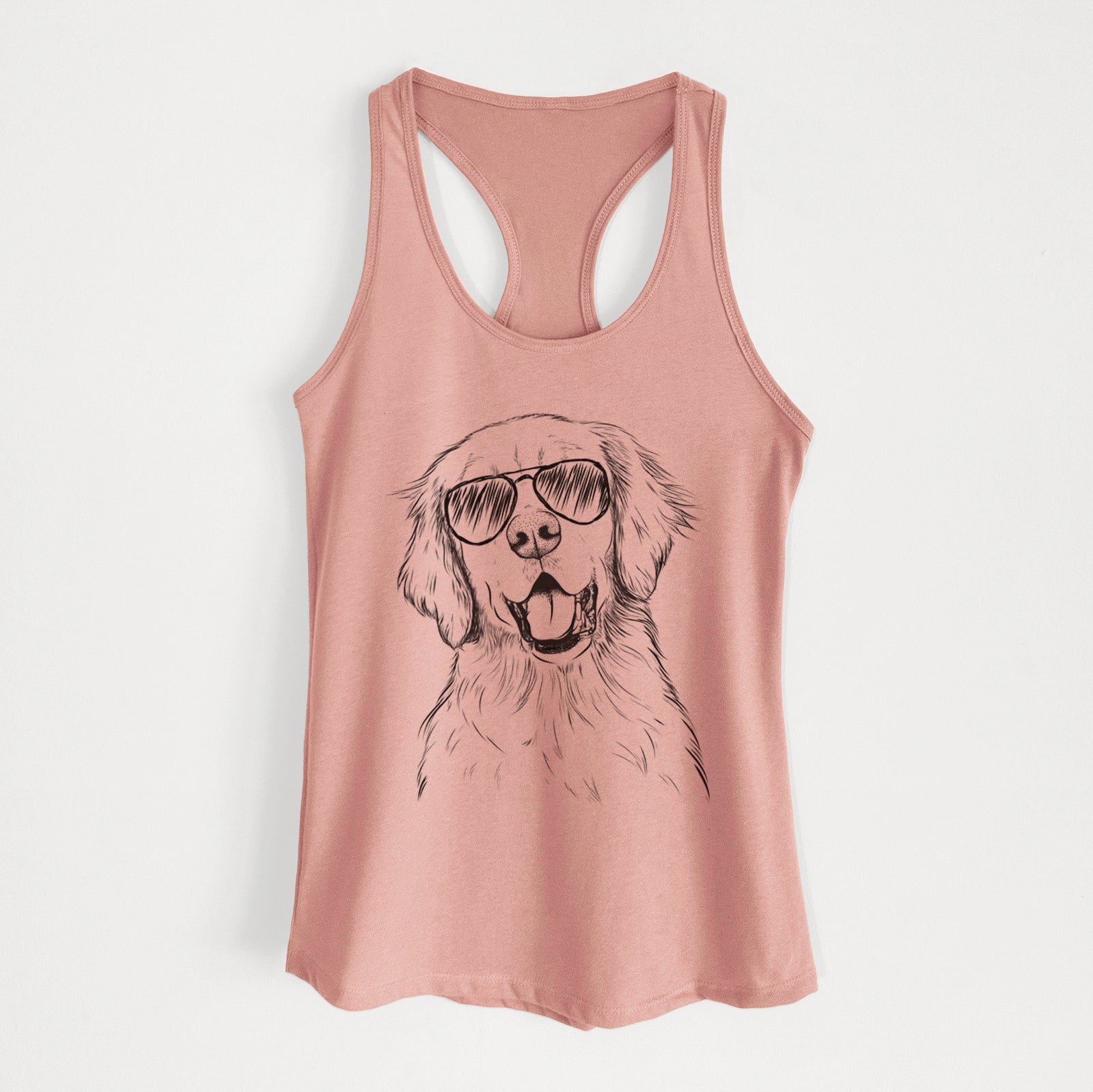 Hand-drawn sketch of Wallace the Golden Retriever wearing aviator sunglasses on a Desert Pink Women's racerback tanktop