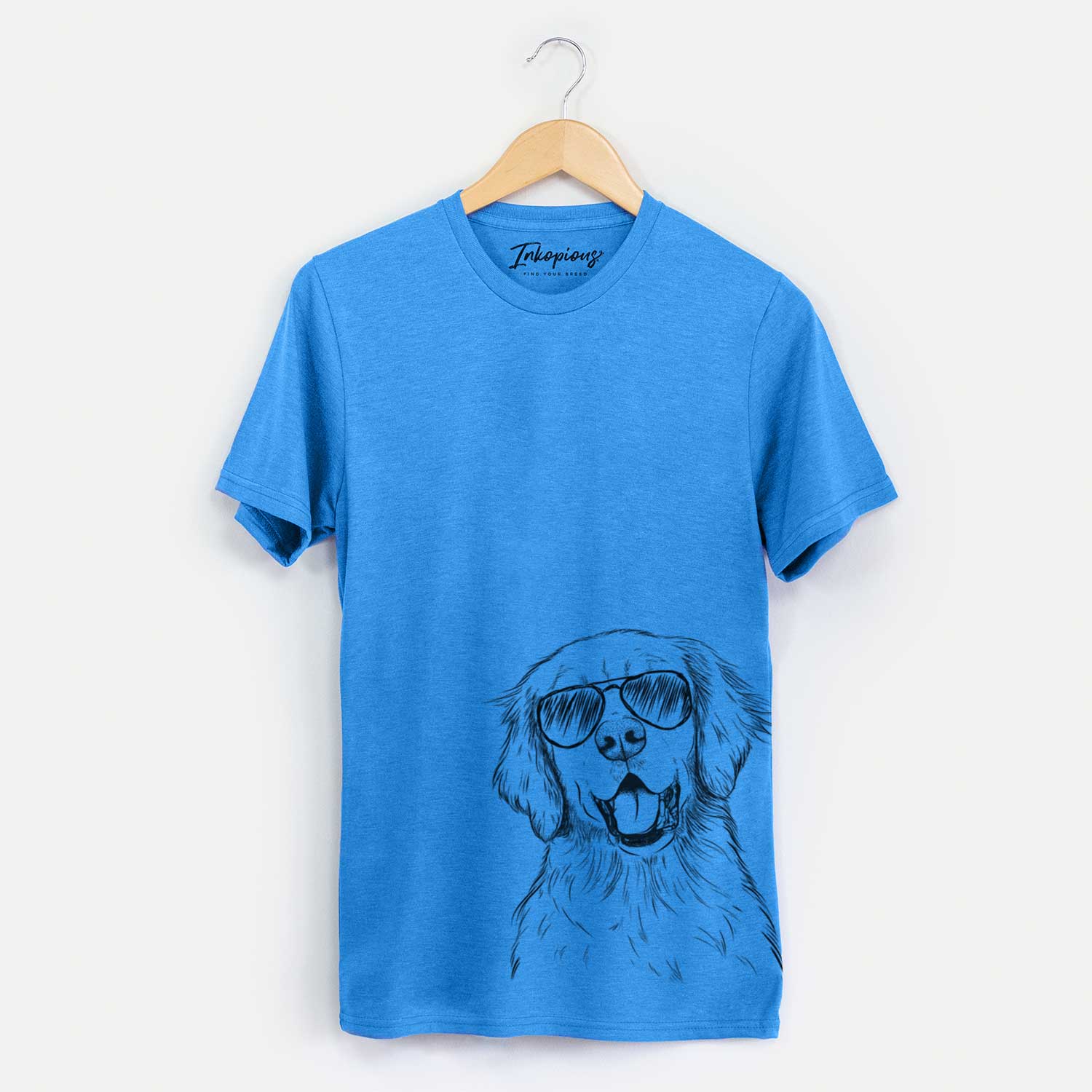 Hand-drawn sketch of Wallace the Golden Retriever wearing aviator sunglasses on a Blue Unisex crewneck
