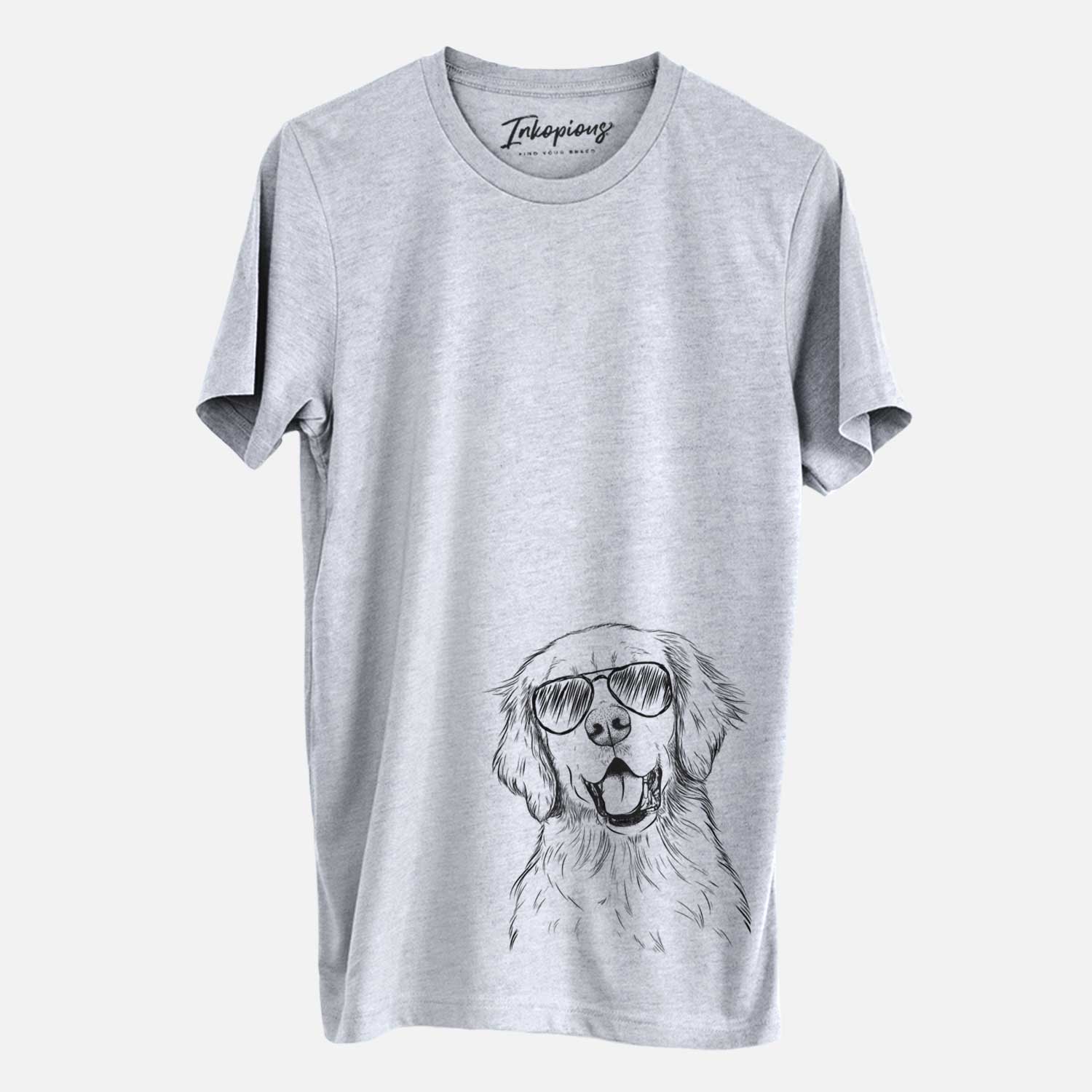Hand-drawn sketch of Wallace the Golden Retriever wearing aviator sunglasses on a Grey Unisex crewneck