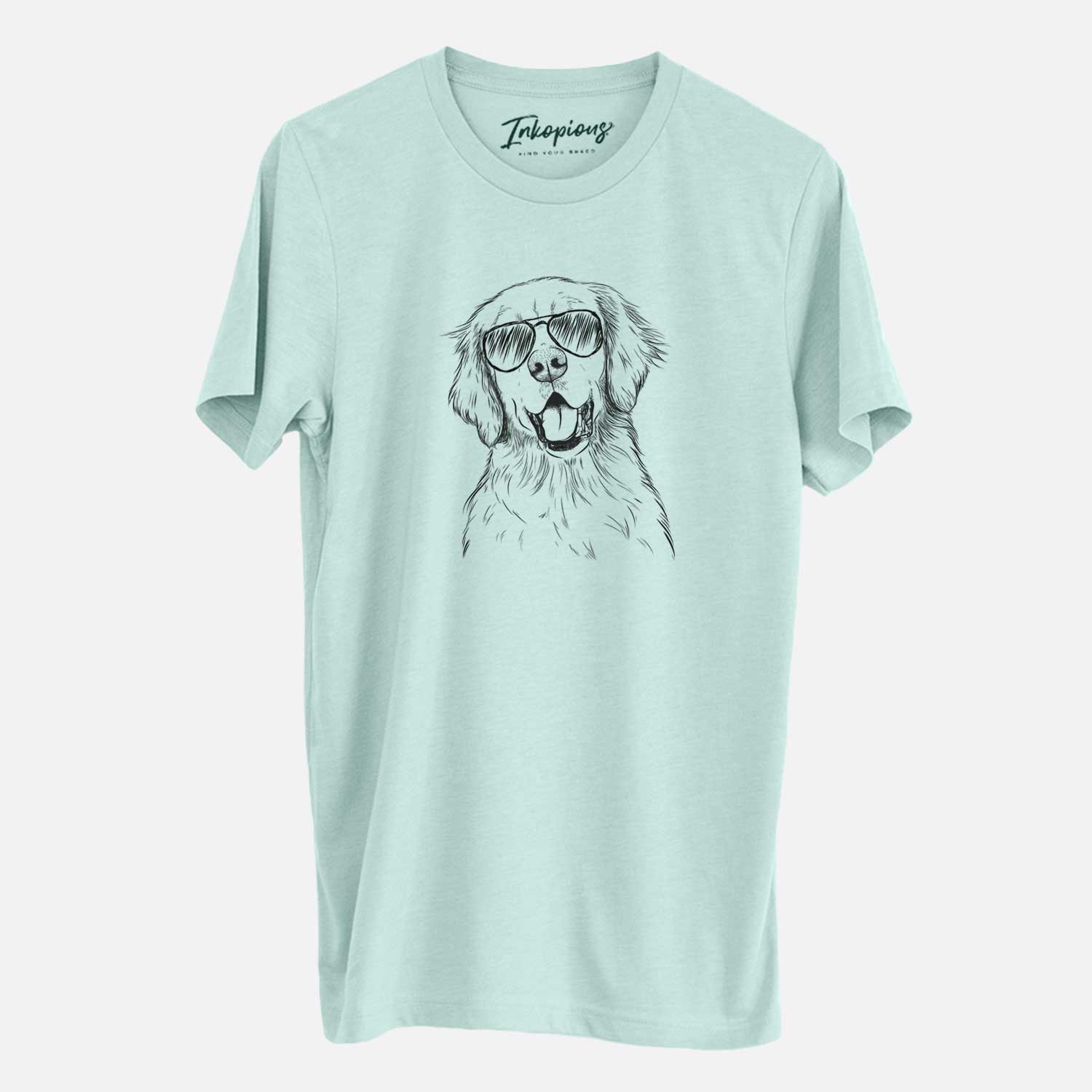 Hand-drawn sketch of Wallace the Golden Retriever wearing aviator sunglasses on a Heather Sage Unisex crewneck