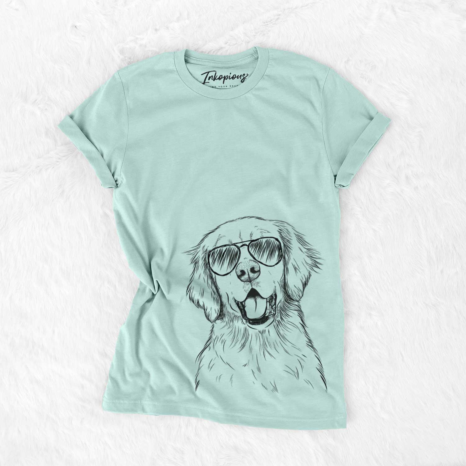 Hand-drawn sketch of Wallace the Golden Retriever wearing aviator sunglasses on a Heather Sage Unisex crewneck