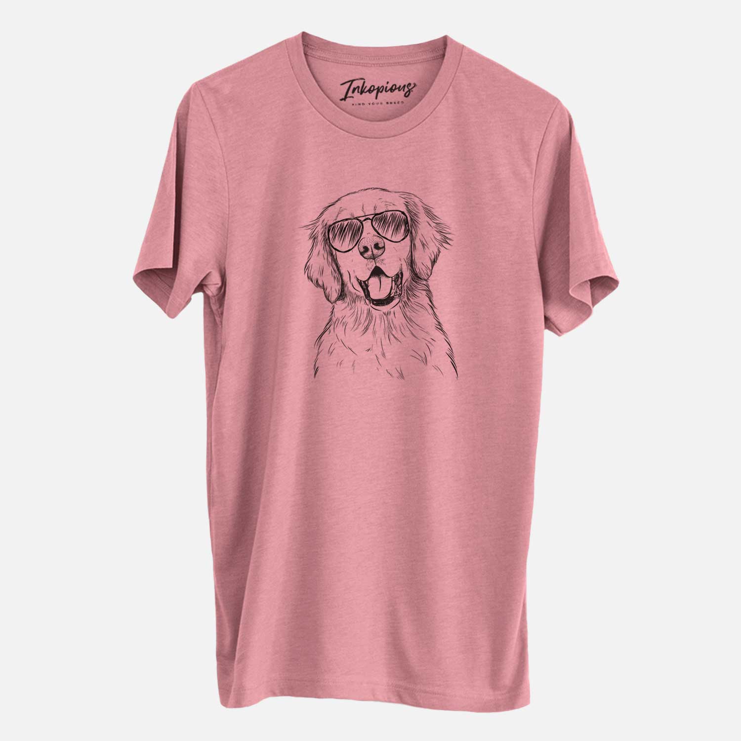 Hand-drawn sketch of Wallace the Golden Retriever wearing aviator sunglasses on a Mauve Unisex crewneck
