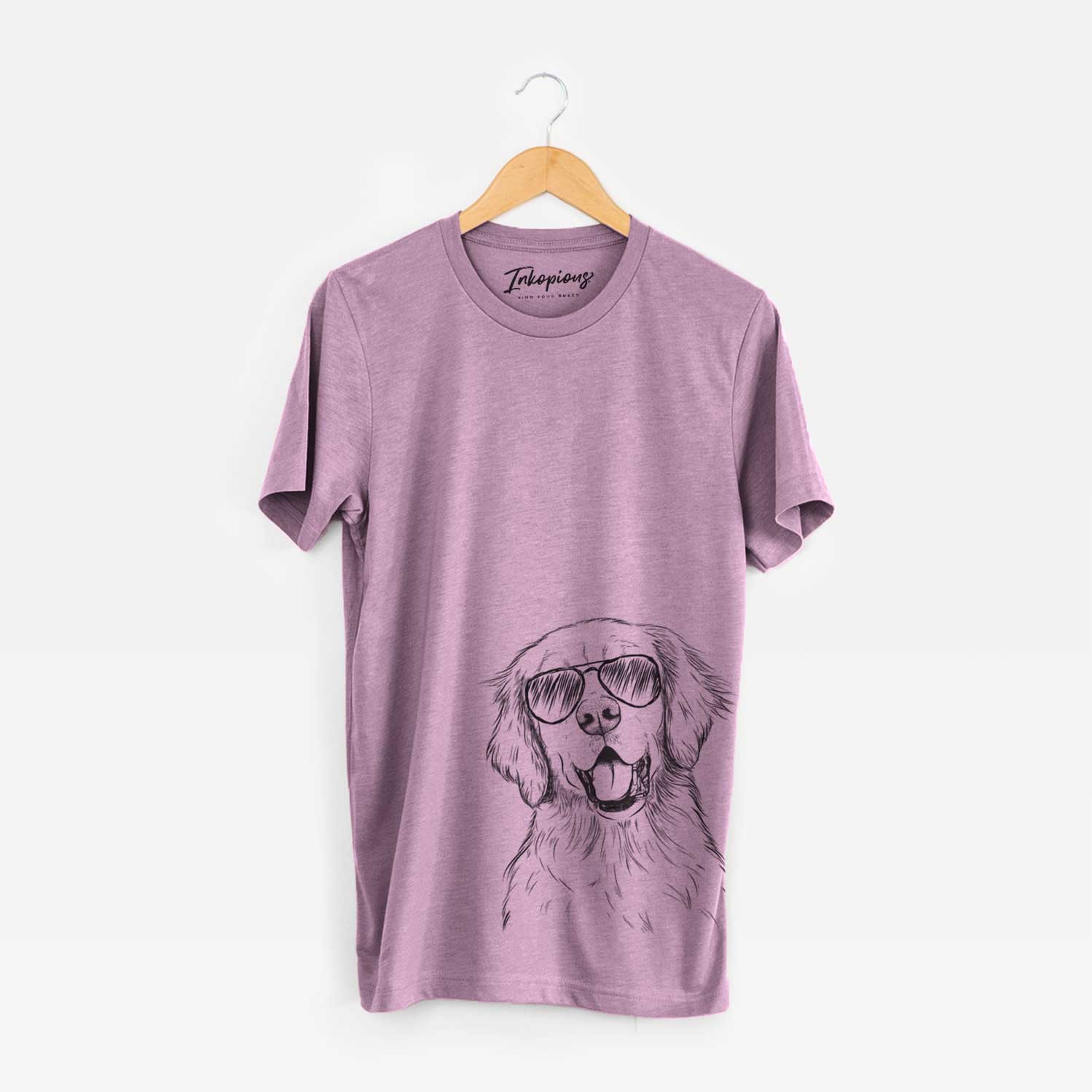 Hand-drawn sketch of Wallace the Golden Retriever wearing aviator sunglasses on an Orchid Unisex crewneck