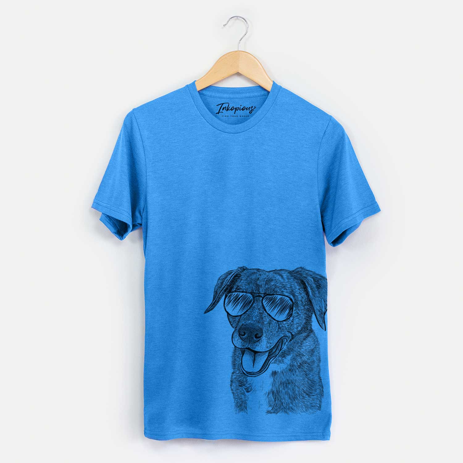 Hand-drawn sketch of Wally the Mixed Breed wearing aviator sunglasses on a Blue Unisex crewneck