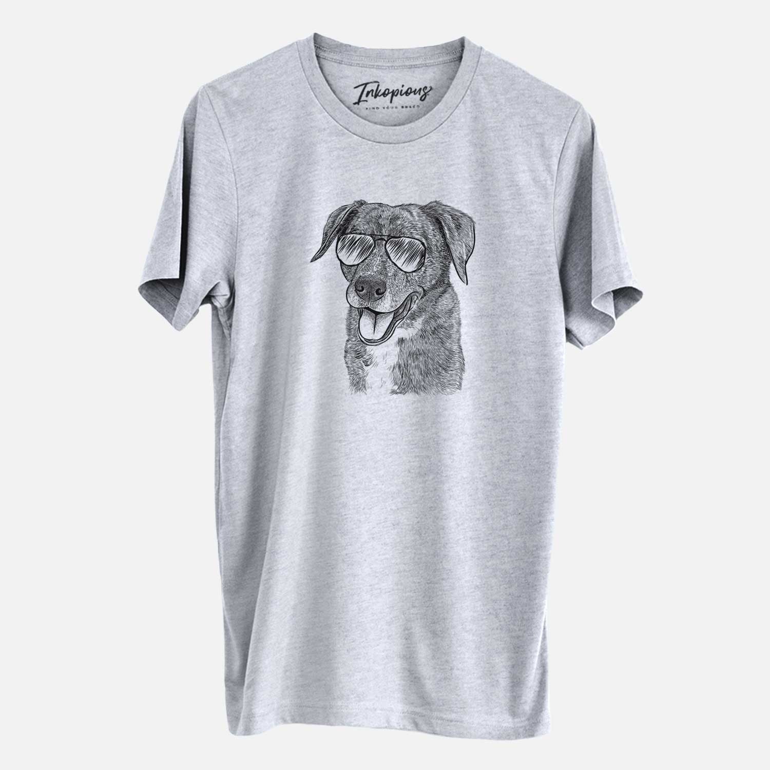 Hand-drawn sketch of Wally the Mixed Breed wearing aviator sunglasses on a Grey Unisex crewneck