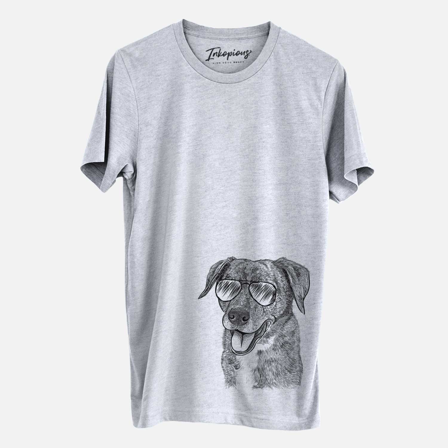 Hand-drawn sketch of Wally the Mixed Breed wearing aviator sunglasses on a Grey Unisex crewneck