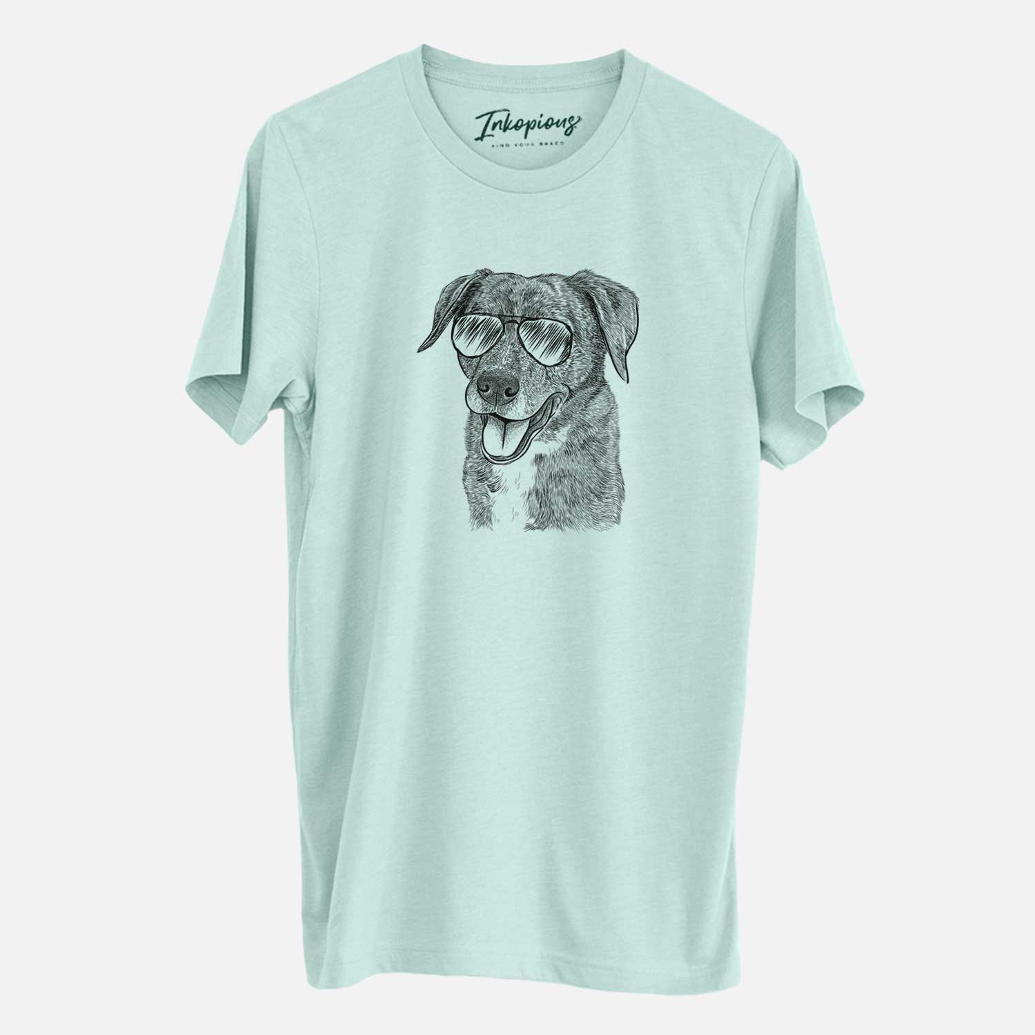 Hand-drawn sketch of Wally the Mixed Breed wearing aviator sunglasses on a Heather Sage Unisex crewneck