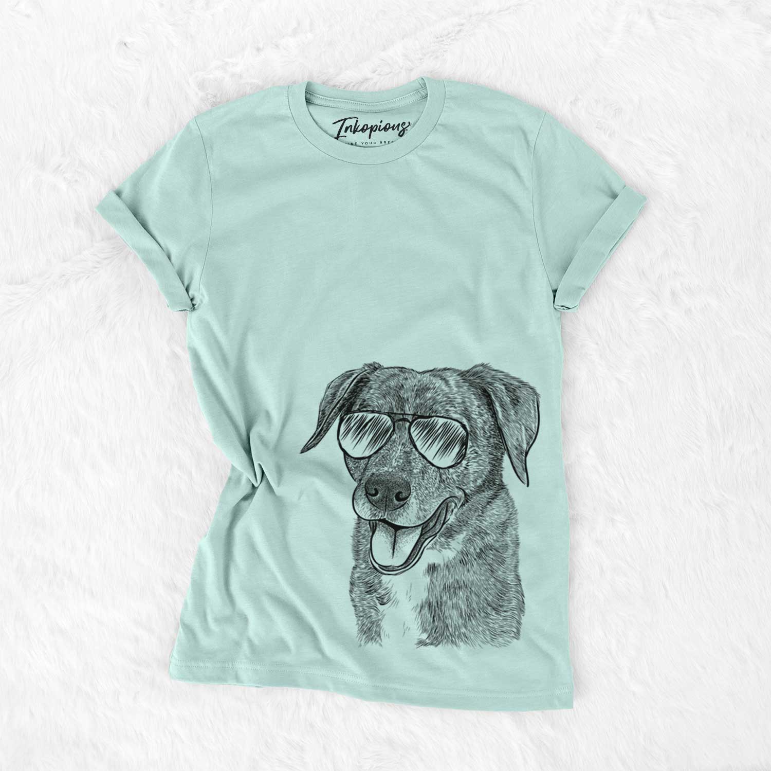 Hand-drawn sketch of Wally the Mixed Breed wearing aviator sunglasses on a Heather Sage Unisex crewneck