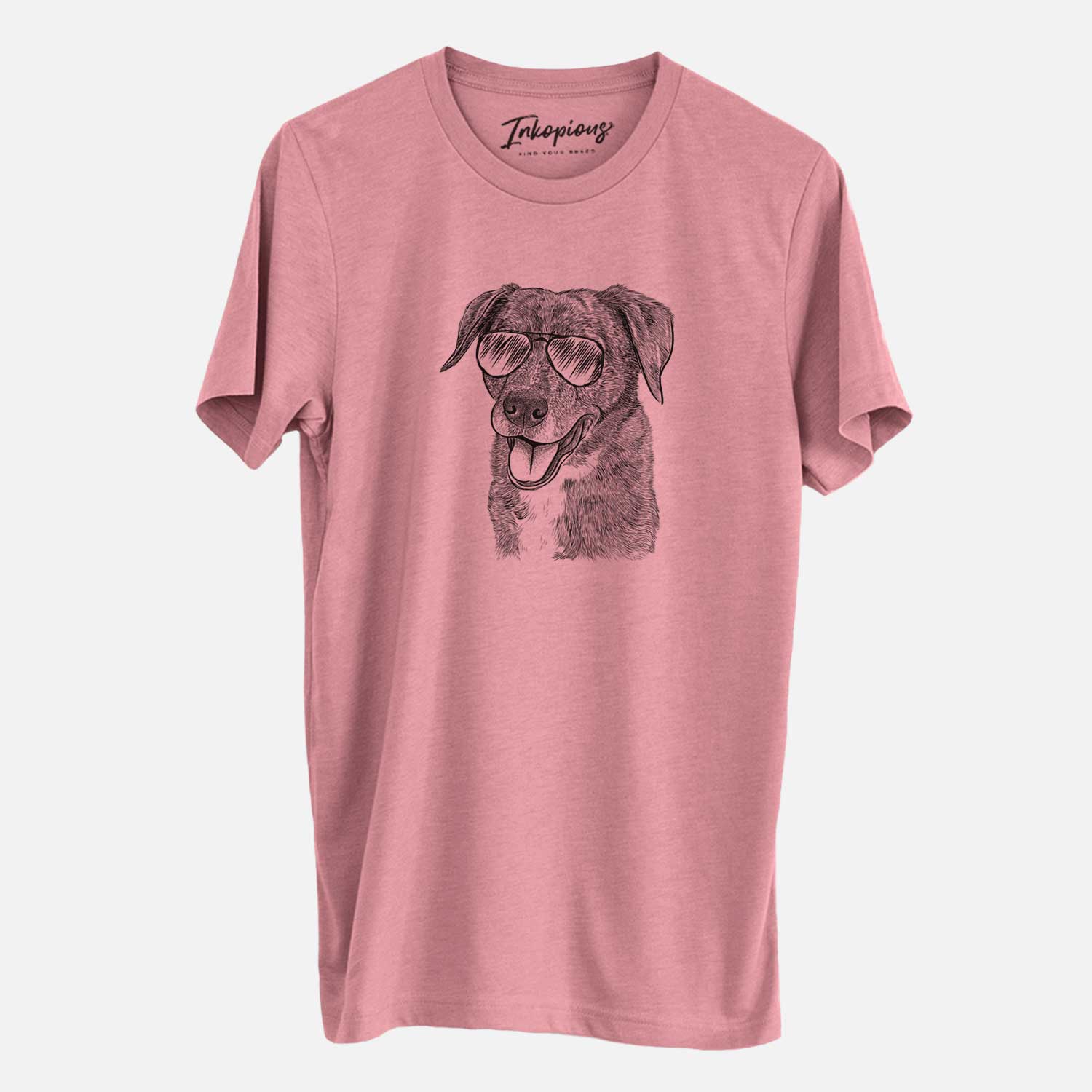 Hand-drawn sketch of Wally the Mixed Breed wearing aviator sunglasses on a Mauve Unisex crewneck