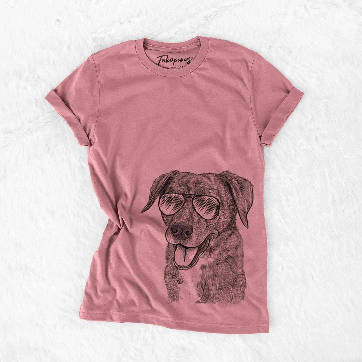 Hand-drawn sketch of Wally the Mixed Breed wearing aviator sunglasses on a Mauve Unisex crewneck