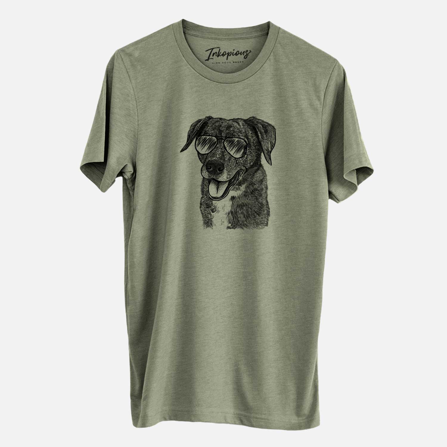 Hand-drawn sketch of Wally the Mixed Breed wearing aviator sunglasses on an Olive Unisex crewneck