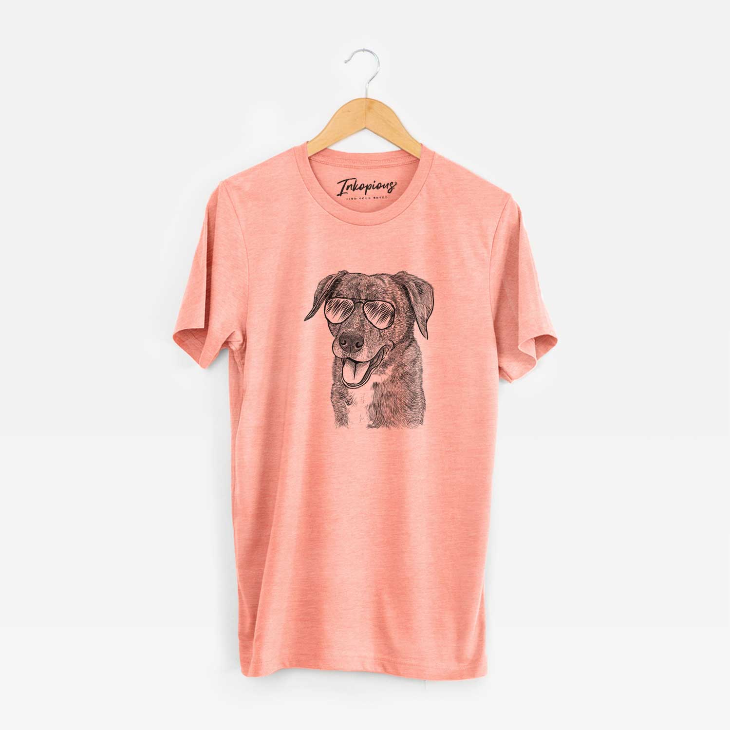 Hand-drawn sketch of Wally the Mixed Breed wearing aviator sunglasses on a Sunset Unisex crewneck