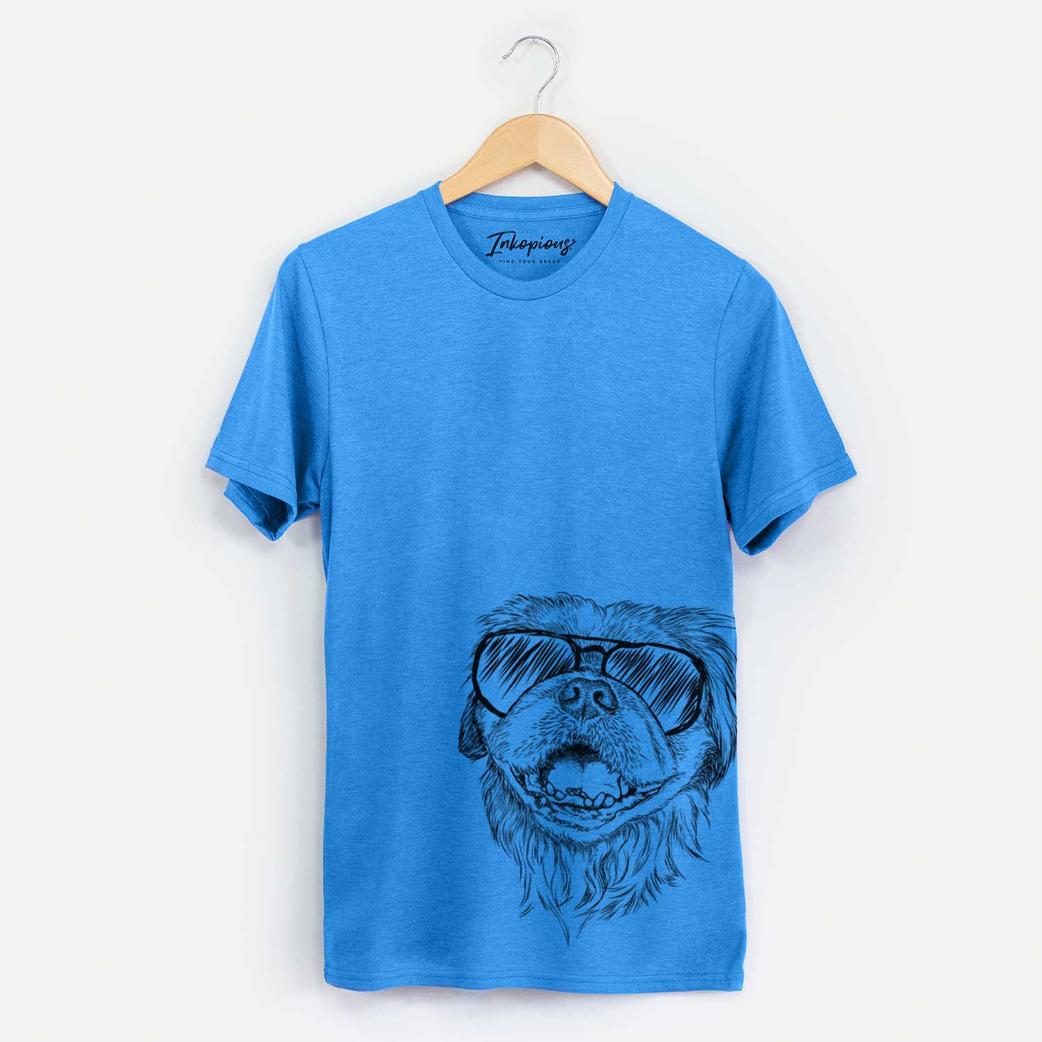 Hand-drawn sketch of Wally the Pekingese wearing aviator sunglasses on a Blue Unisex crewneck