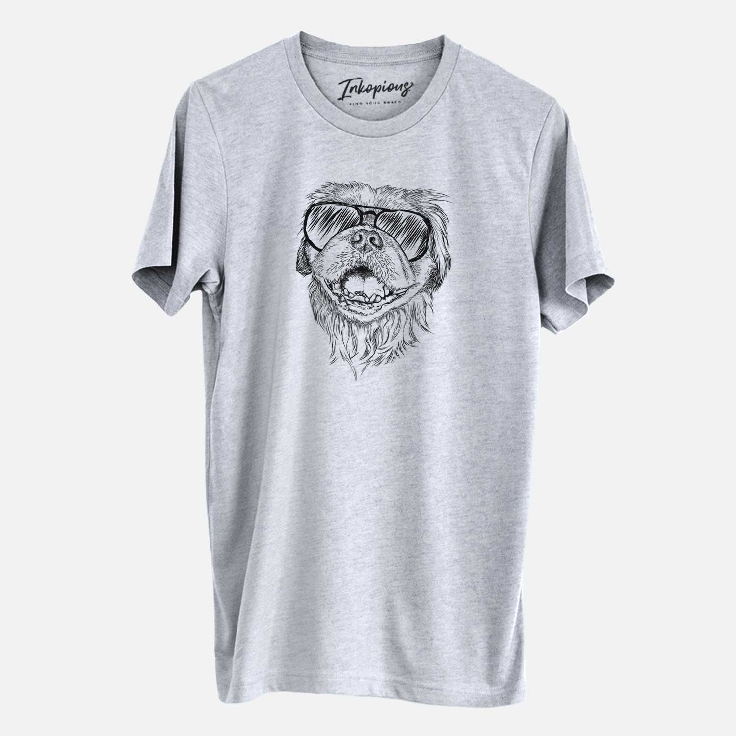 Hand-drawn sketch of Wally the Pekingese wearing aviator sunglasses on a Grey Unisex crewneck
