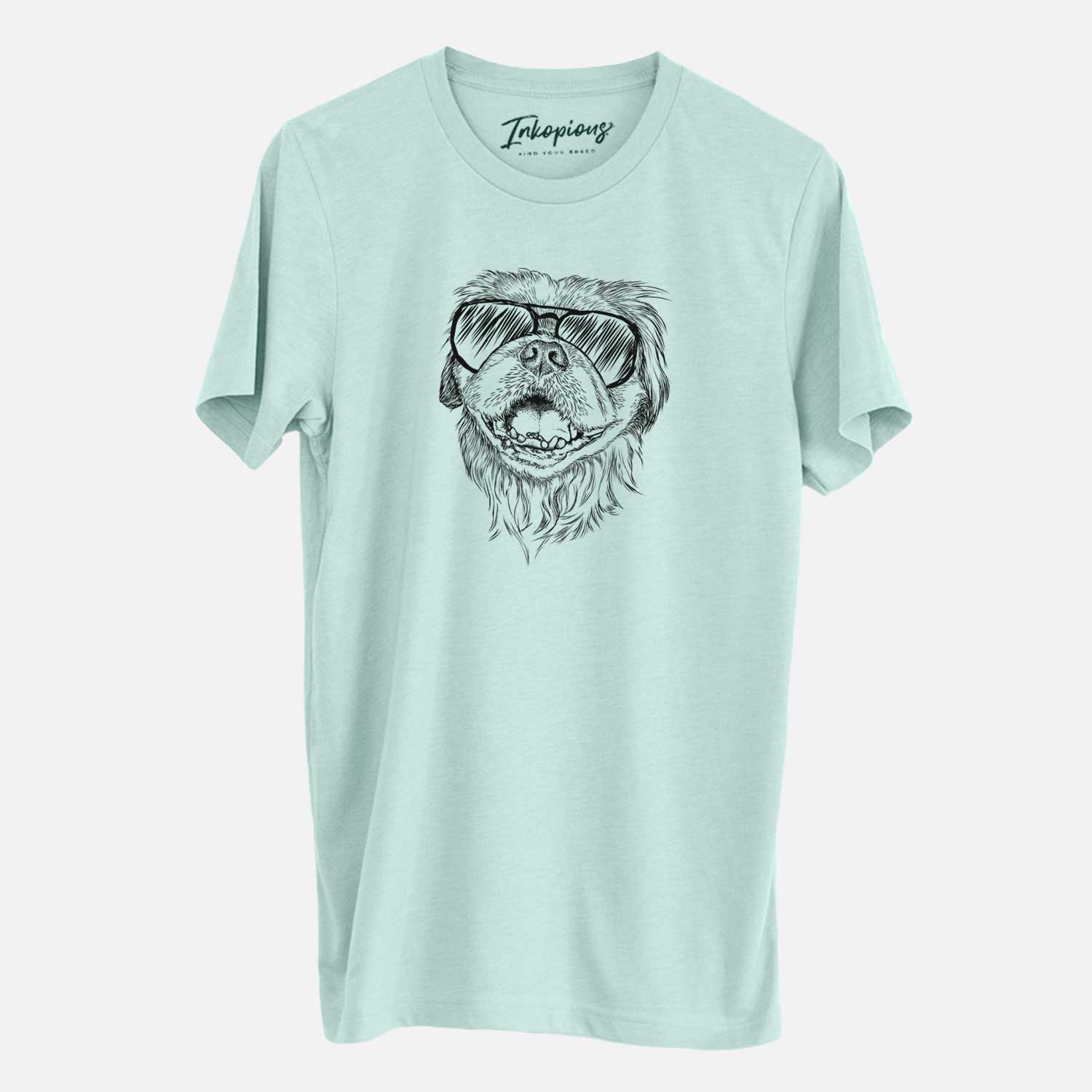Hand-drawn sketch of Wally the Pekingese wearing aviator sunglasses on a Heather Sage Unisex crewneck