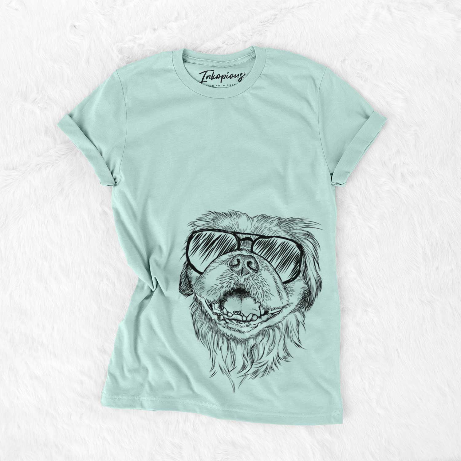 Hand-drawn sketch of Wally the Pekingese wearing aviator sunglasses on a Heather Sage Unisex crewneck