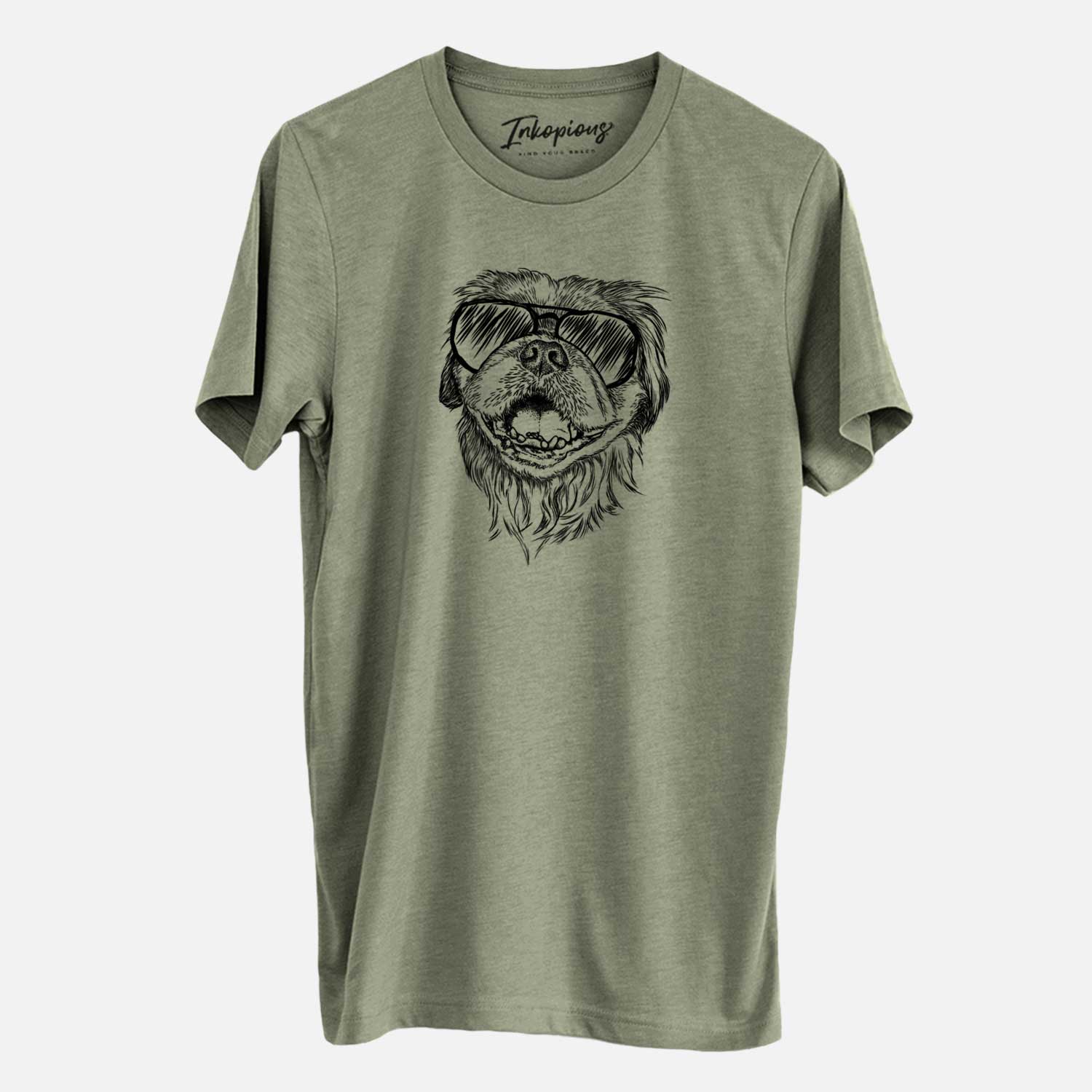 Hand-drawn sketch of Wally the Pekingese wearing aviator sunglasses on an Olive Unisex crewneck