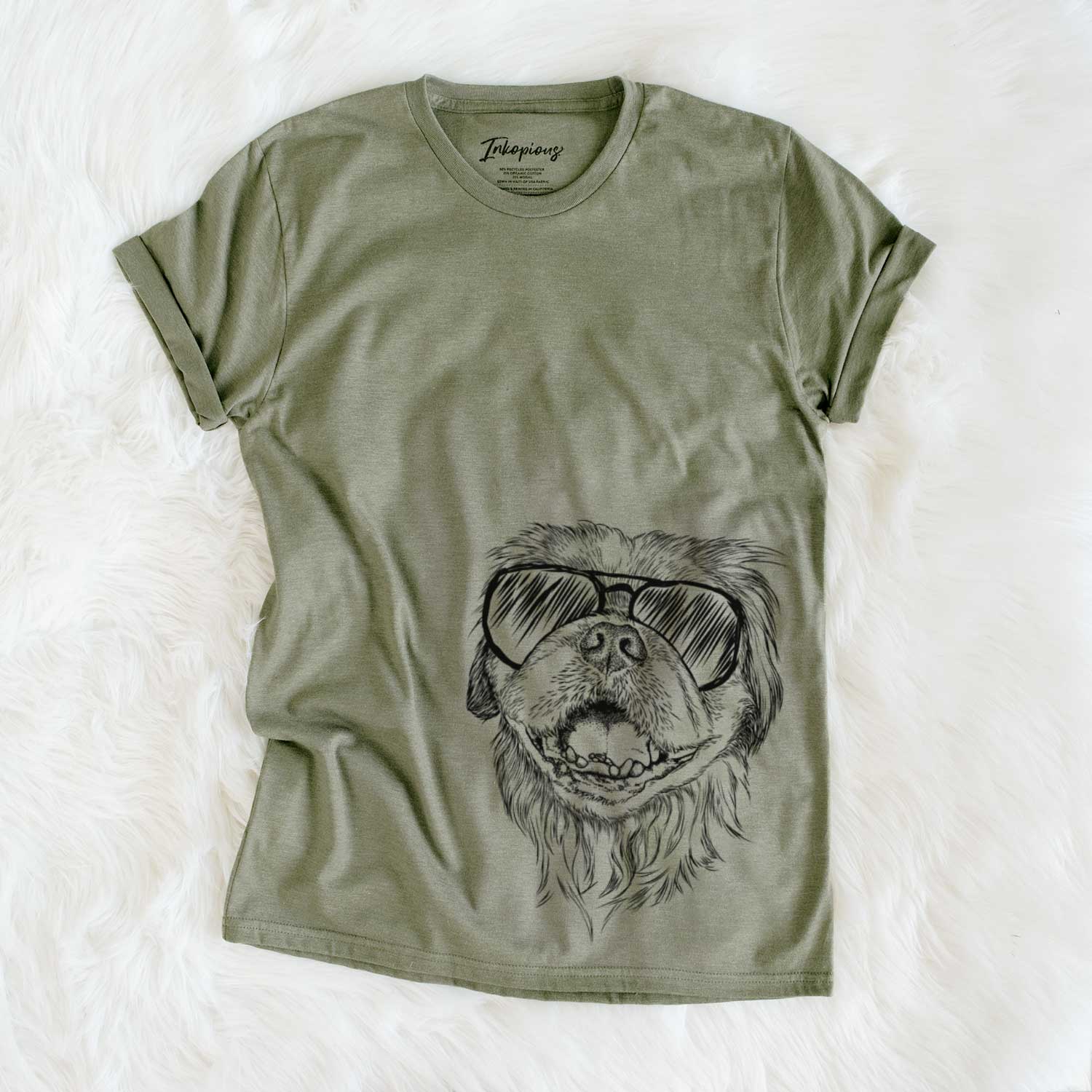Hand-drawn sketch of Wally the Pekingese wearing aviator sunglasses on an Olive Unisex crewneck