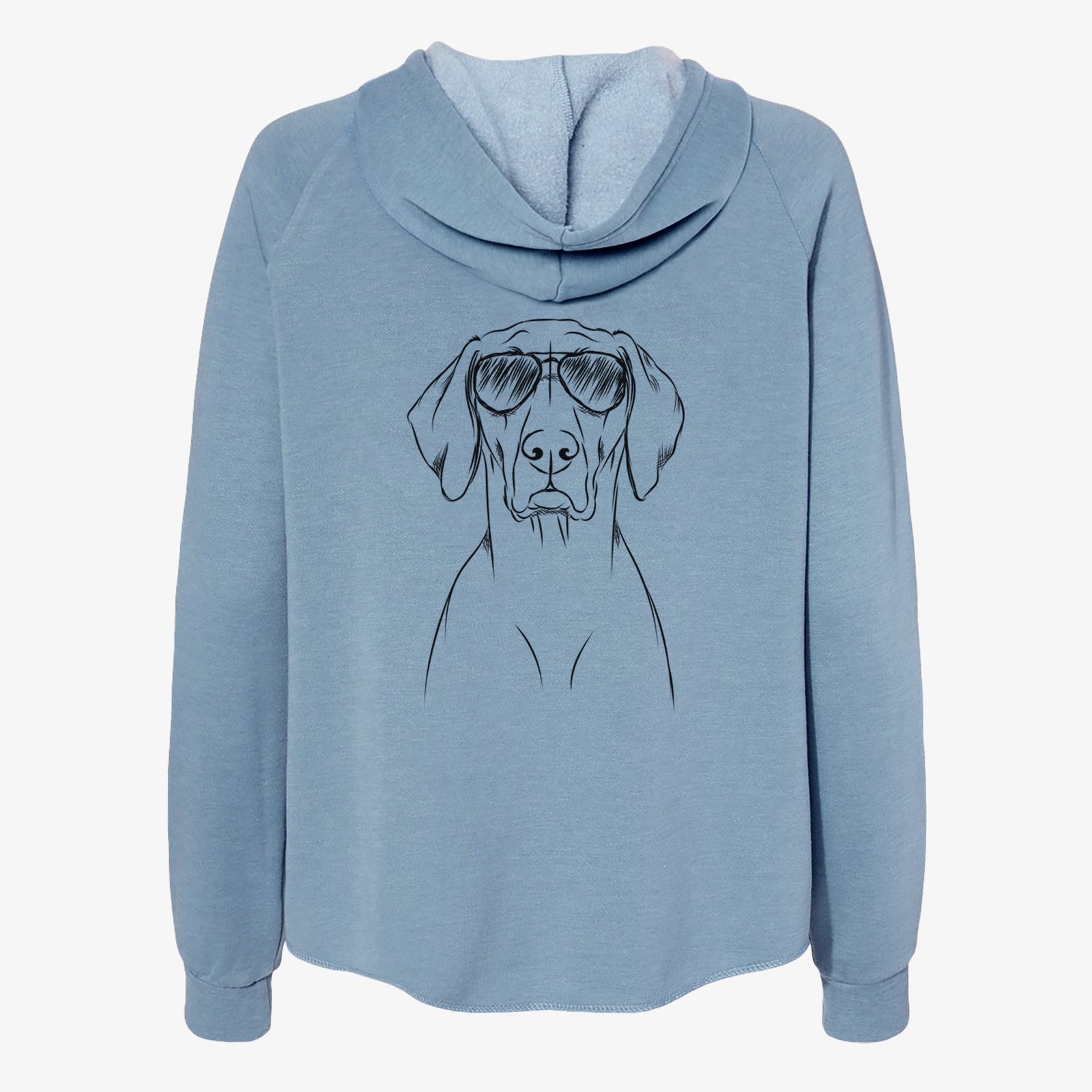 Hand-drawn sketch of Walter the Weimaraner wearing aviator sunglasses on a Misty Blue Women's cali wave zip-up sweatshirt