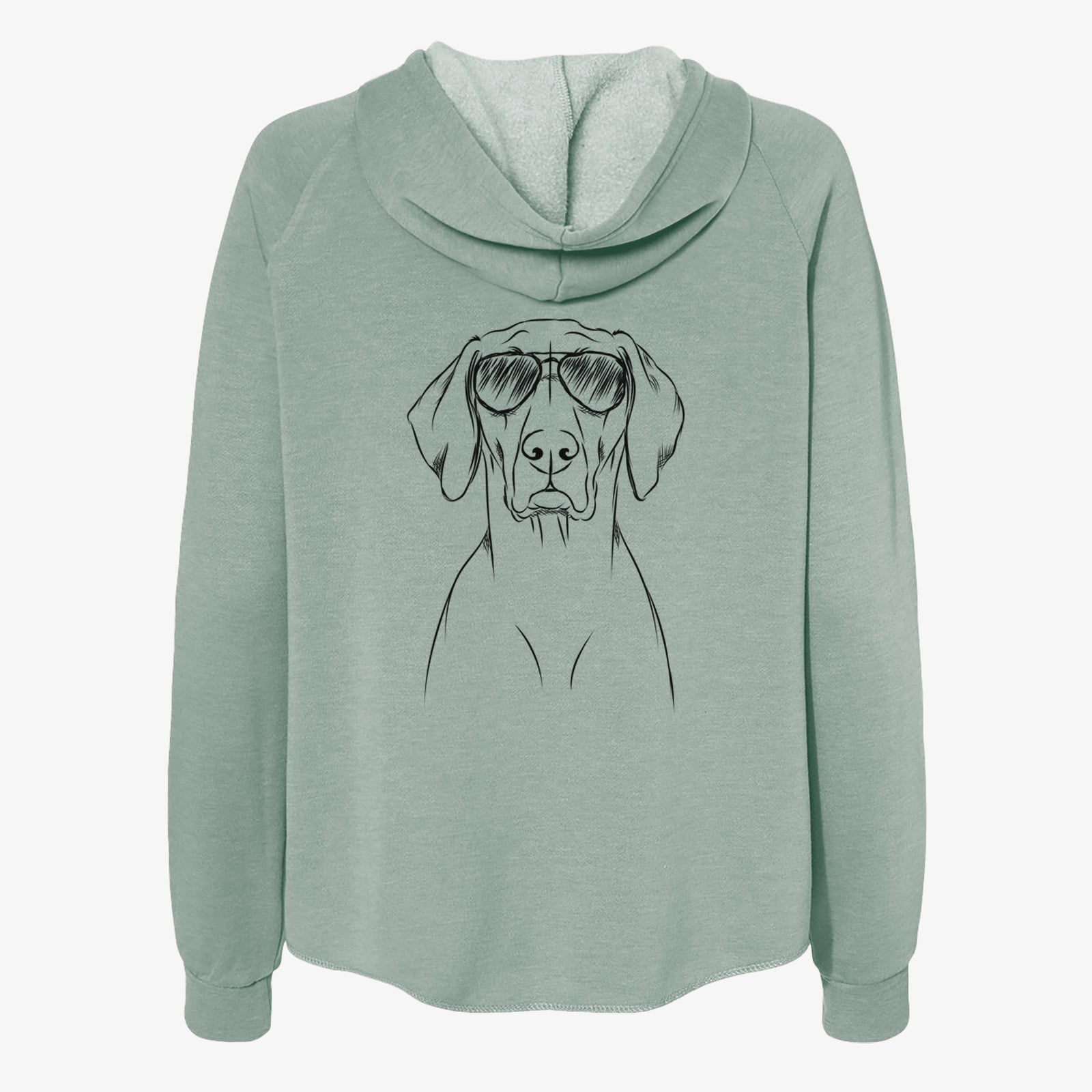 Hand-drawn sketch of Walter the Weimaraner wearing aviator sunglasses on a Sage Women's cali wave zip-up sweatshirt