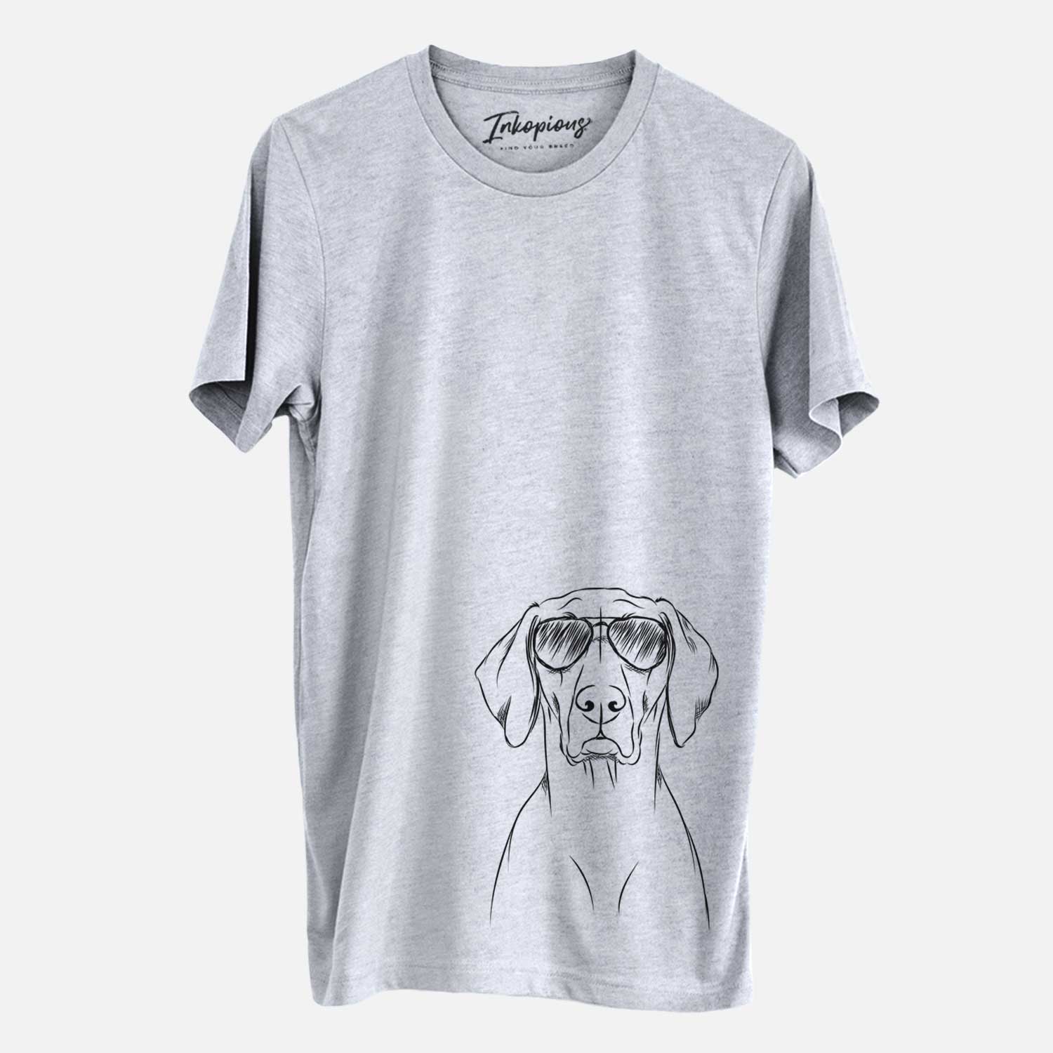 Hand-drawn sketch of Walter the Weimaraner wearing aviator sunglasses on a Grey Unisex crewneck