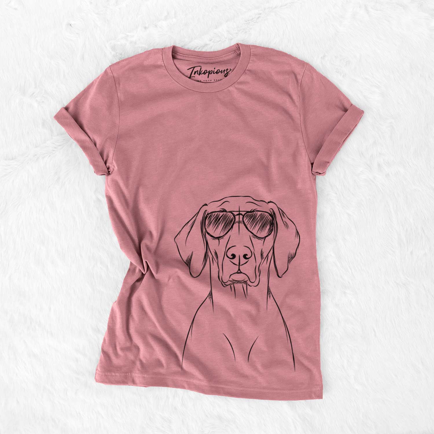 Hand-drawn sketch of Walter the Weimaraner wearing aviator sunglasses on a Mauve Unisex crewneck