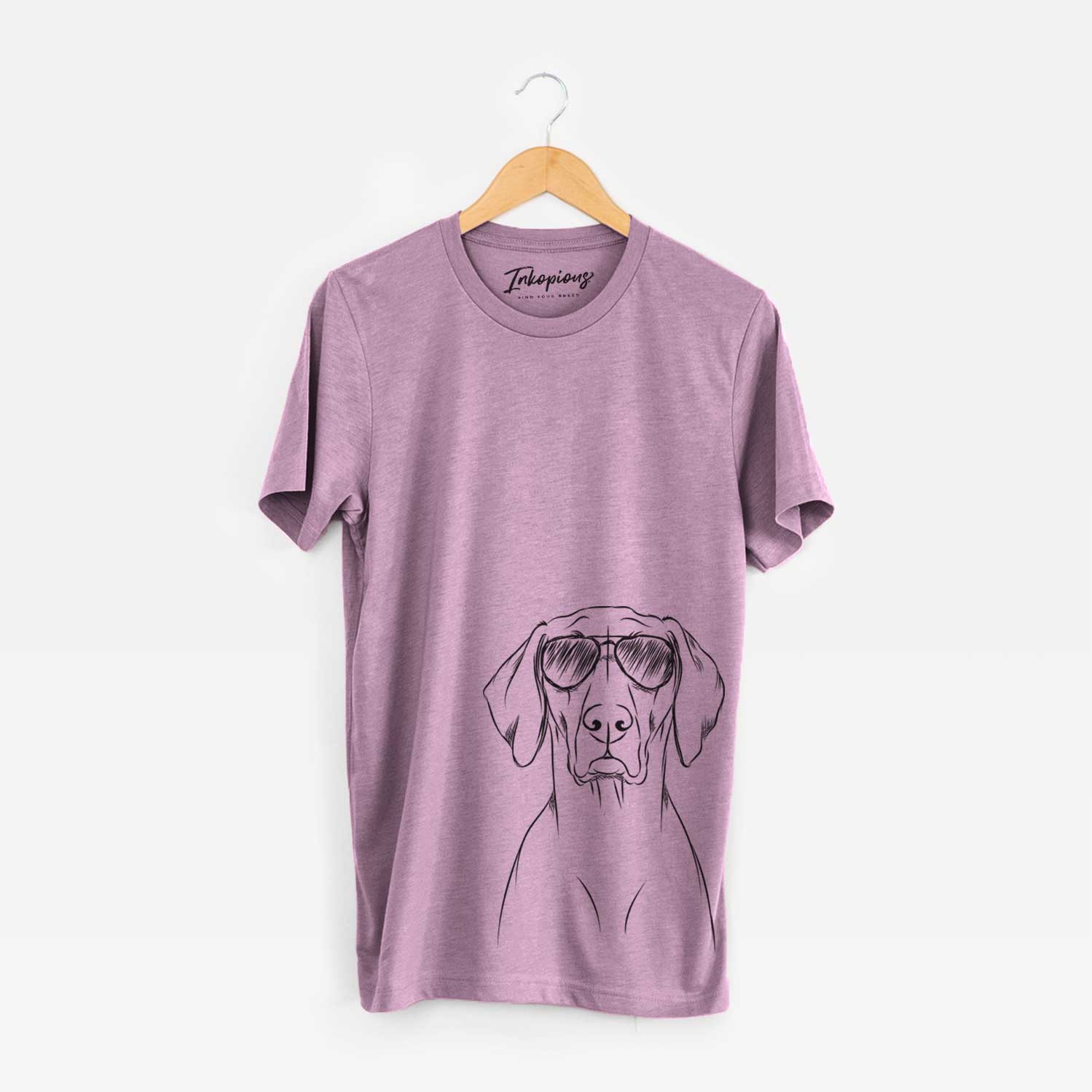 Hand-drawn sketch of Walter the Weimaraner wearing aviator sunglasses on an Orchid Unisex crewneck