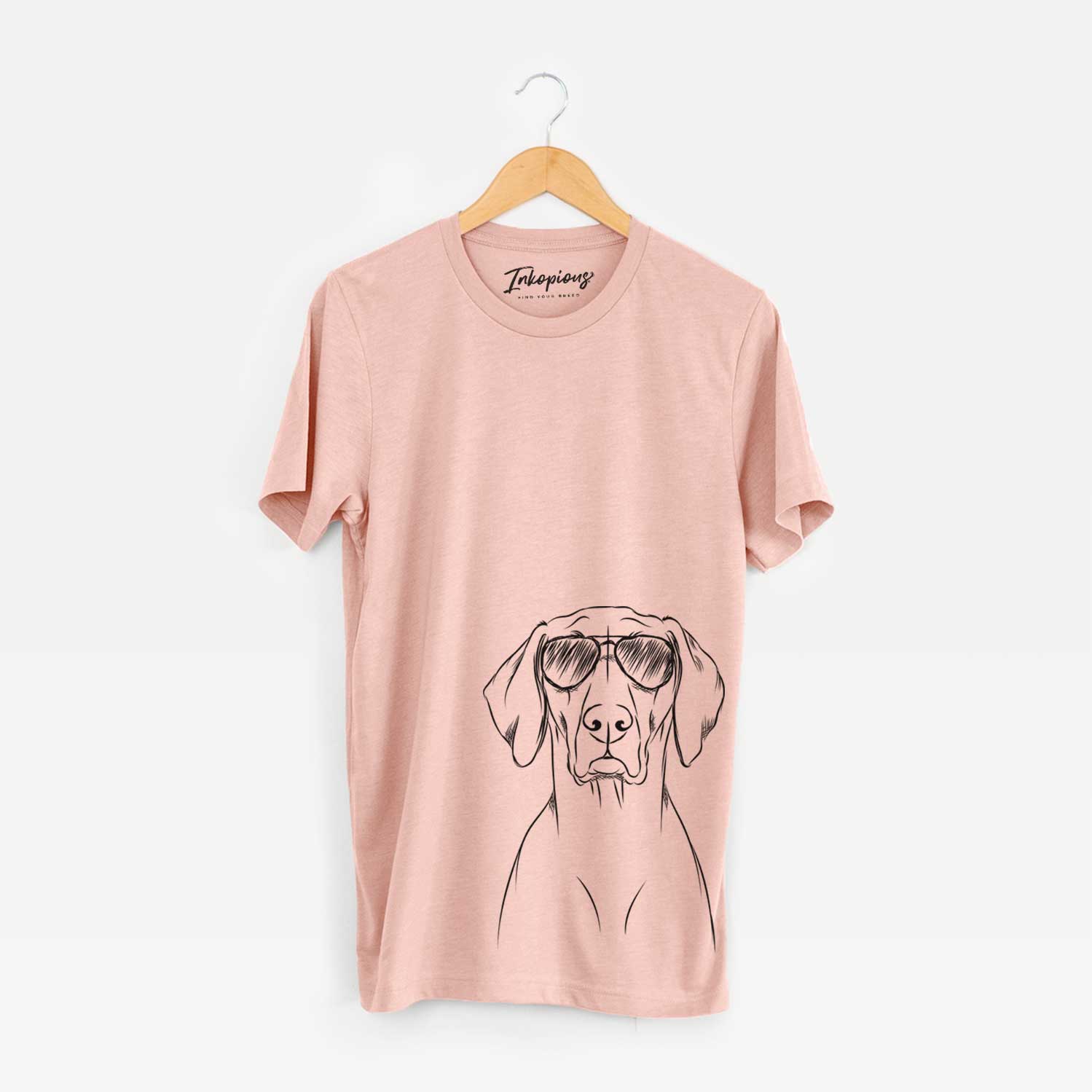 Hand-drawn sketch of Walter the Weimaraner wearing aviator sunglasses on a Peach Unisex crewneck