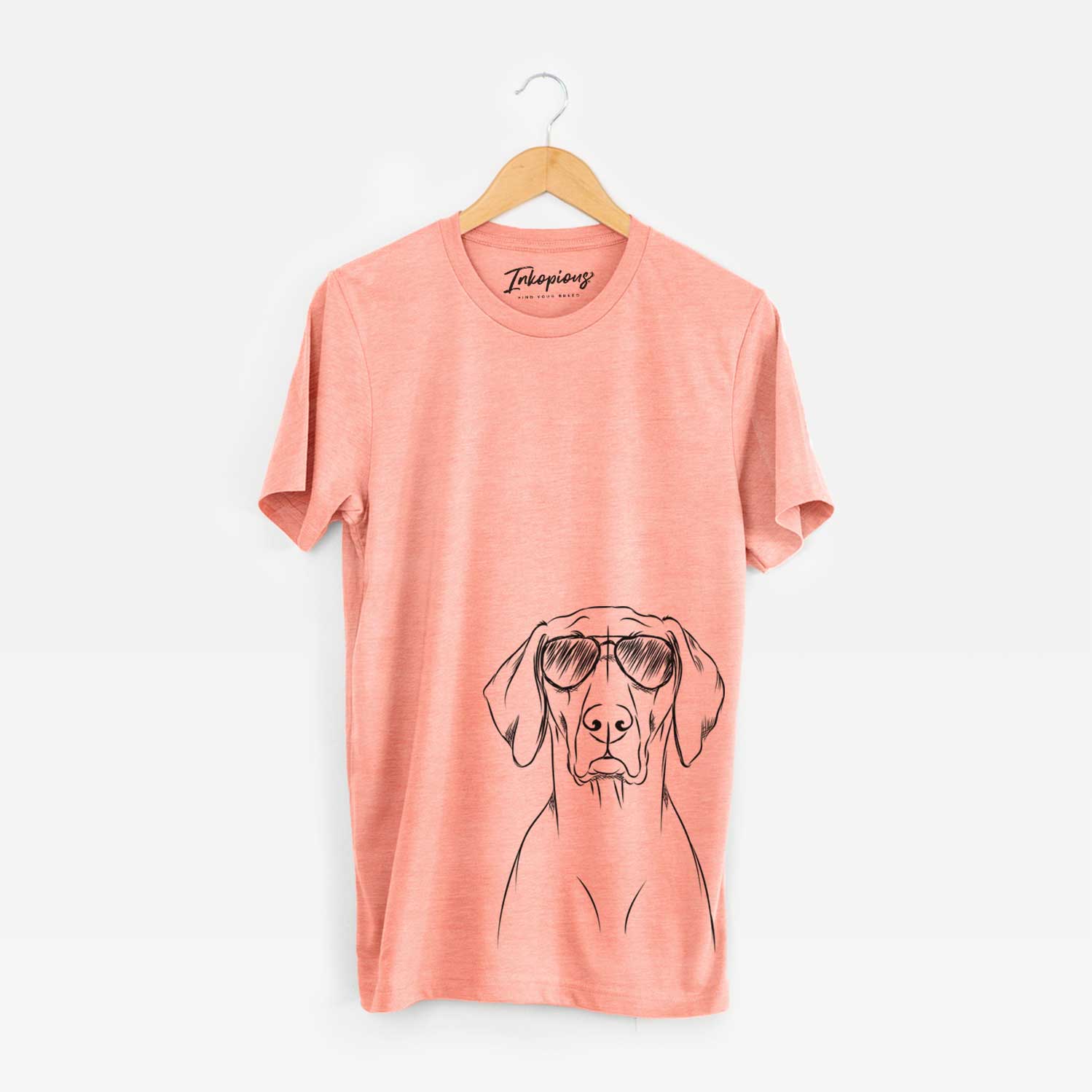 Hand-drawn sketch of Walter the Weimaraner wearing aviator sunglasses on a Sunset Unisex crewneck