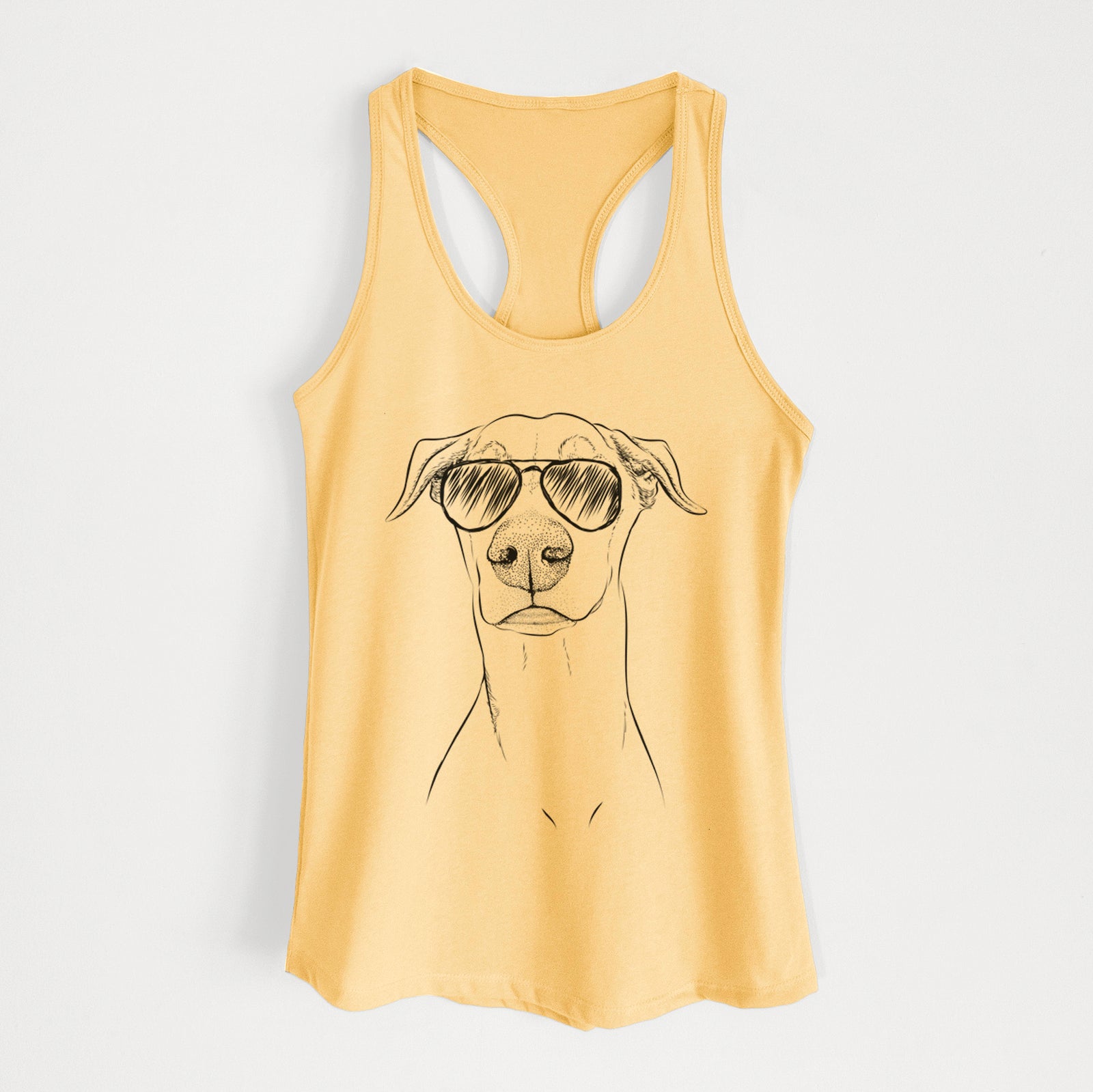 Hand-drawn sketch of Walter the White Doberman Rescue wearing aviator sunglasses on a Banana Cream Women's racerback tanktop
