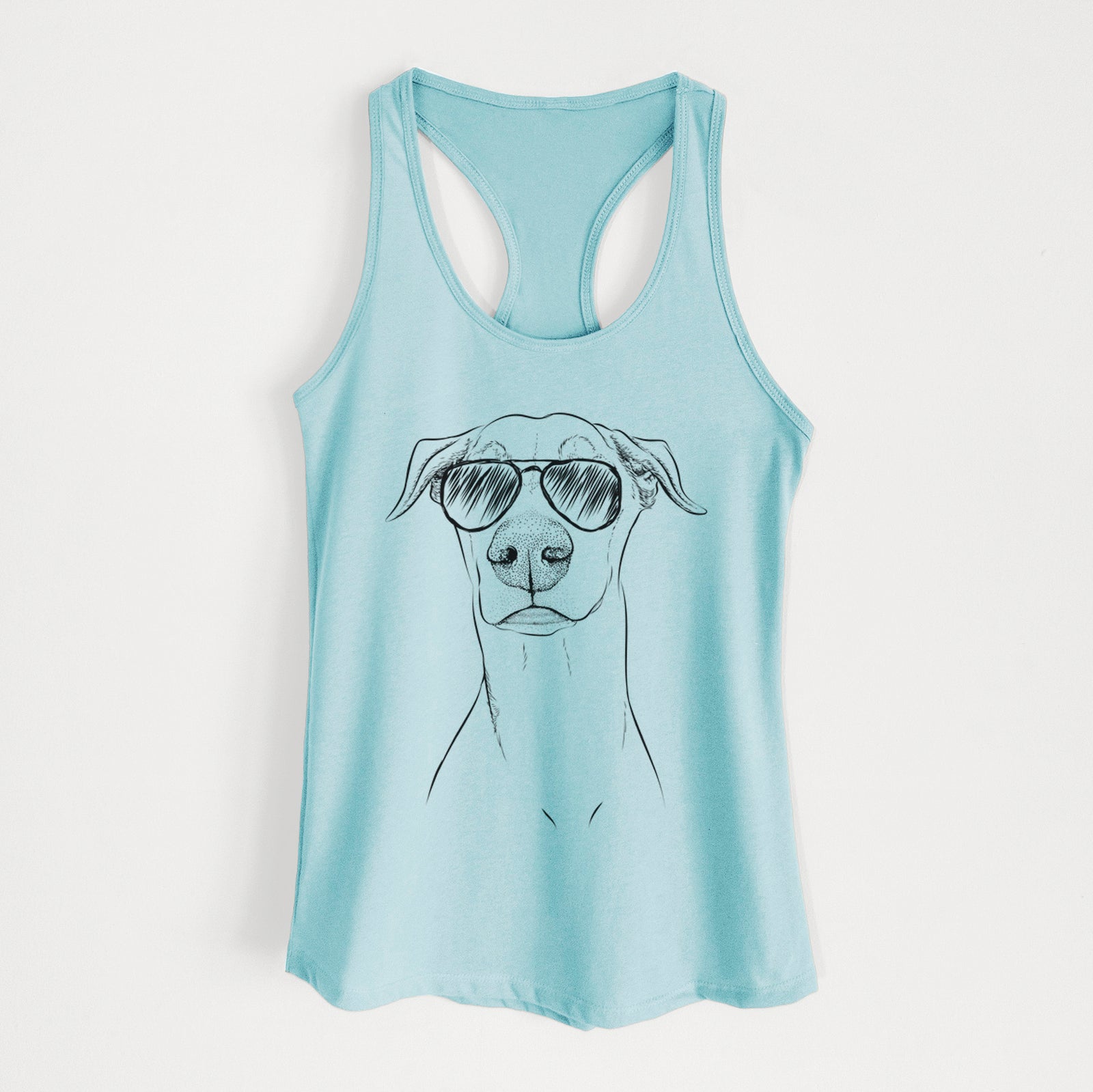 Hand-drawn sketch of Walter the White Doberman Rescue wearing aviator sunglasses on a Cancun Blue Women's racerback tanktop