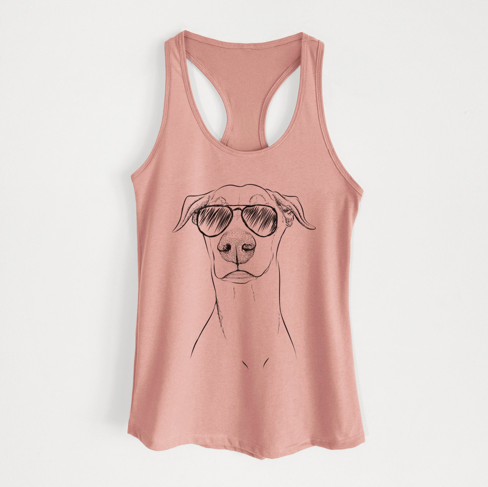 Hand-drawn sketch of Walter the White Doberman Rescue wearing aviator sunglasses on a Desert Pink Women's racerback tanktop