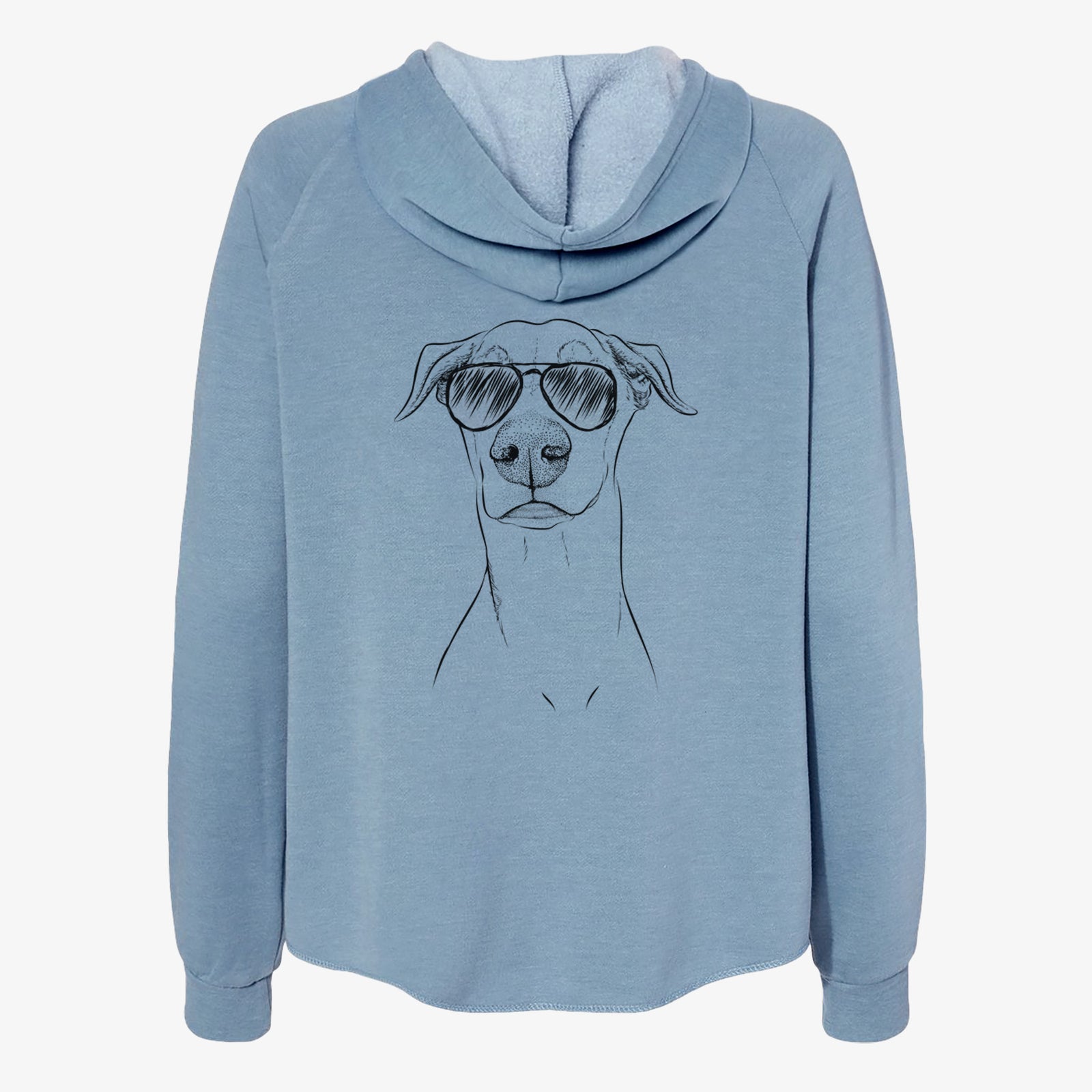 Hand-drawn sketch of Walter the White Doberman Rescue wearing aviator sunglasses on a Misty Blue Women's cali wave zip-up sweatshirt