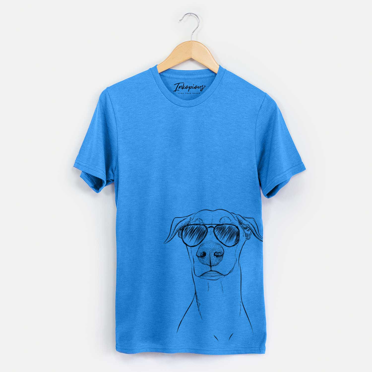 Hand-drawn sketch of Walter the White Doberman Rescue wearing aviator sunglasses on a Blue Unisex crewneck