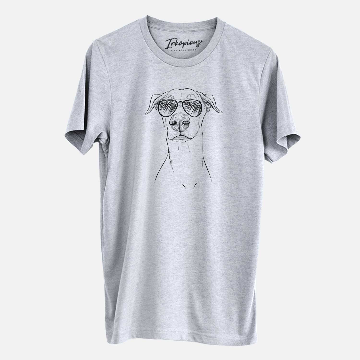 Hand-drawn sketch of Walter the White Doberman Rescue wearing aviator sunglasses on a Grey Unisex crewneck