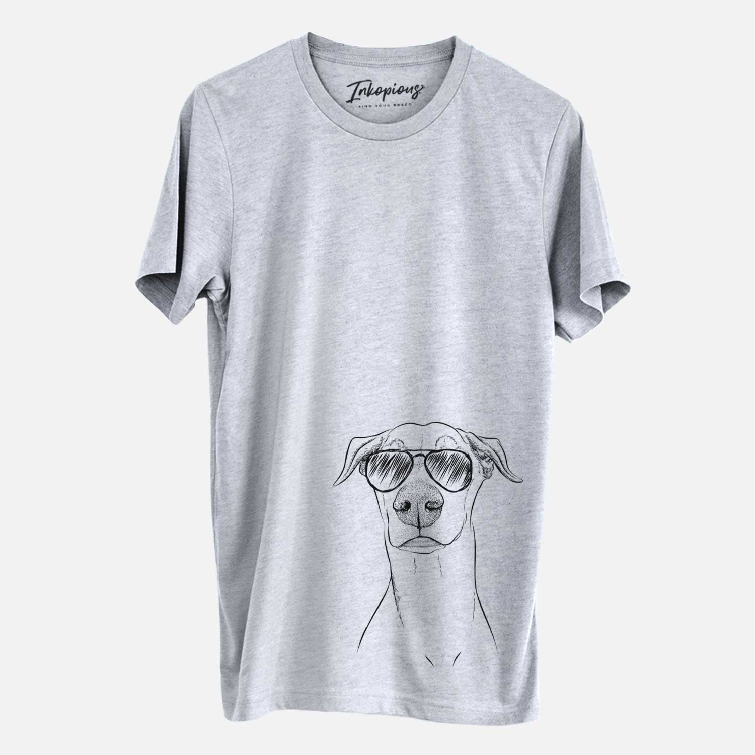 Hand-drawn sketch of Walter the White Doberman Rescue wearing aviator sunglasses on a Grey Unisex crewneck
