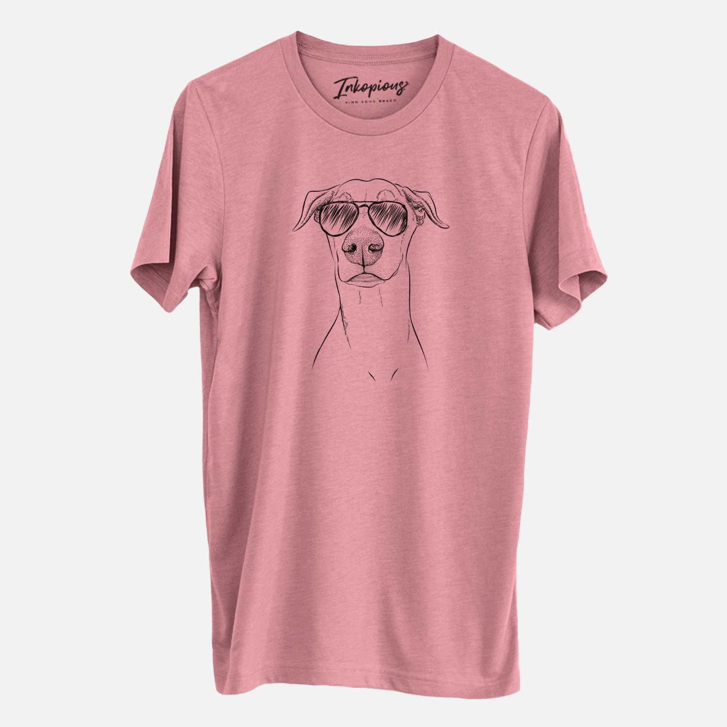 Hand-drawn sketch of Walter the White Doberman Rescue wearing aviator sunglasses on a Mauve Unisex crewneck