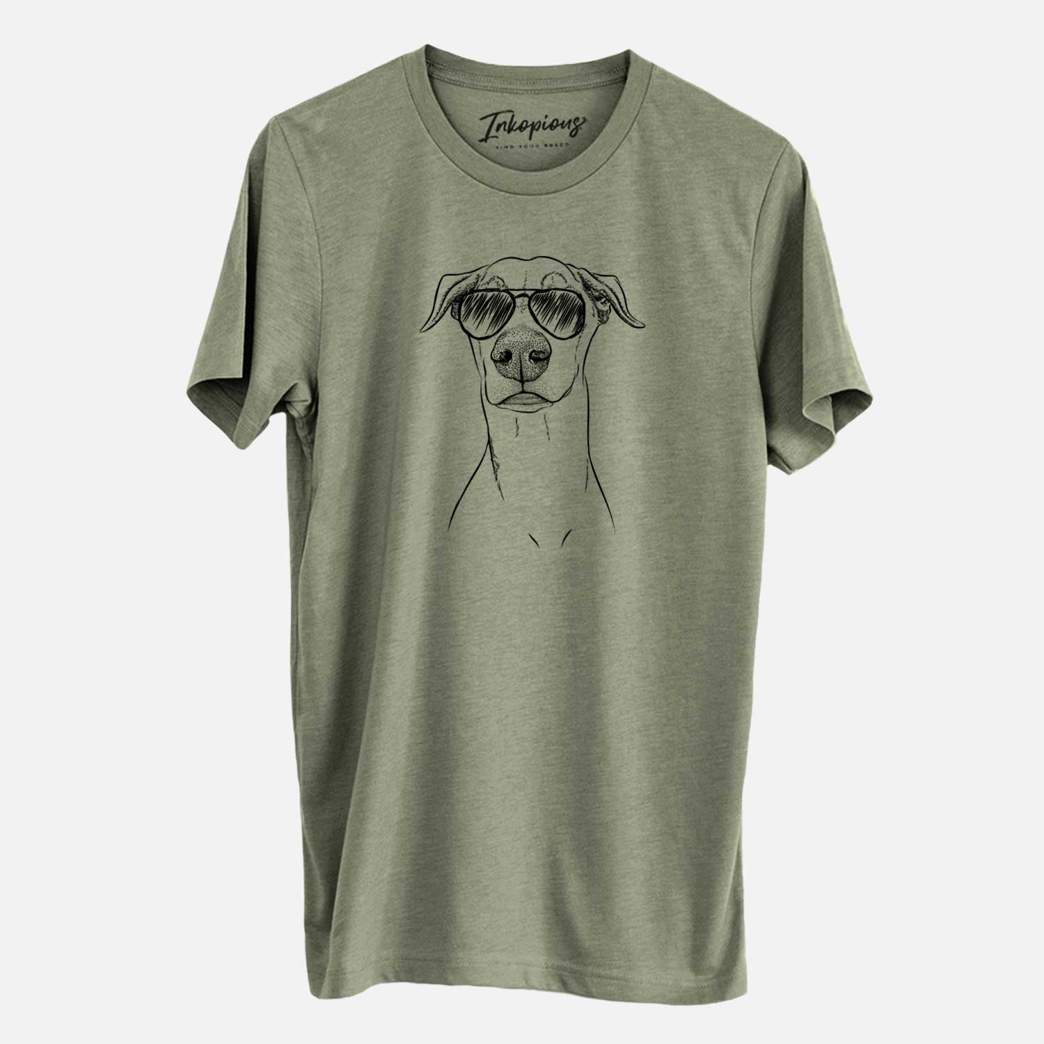 Hand-drawn sketch of Walter the White Doberman Rescue wearing aviator sunglasses on an Olive Unisex crewneck