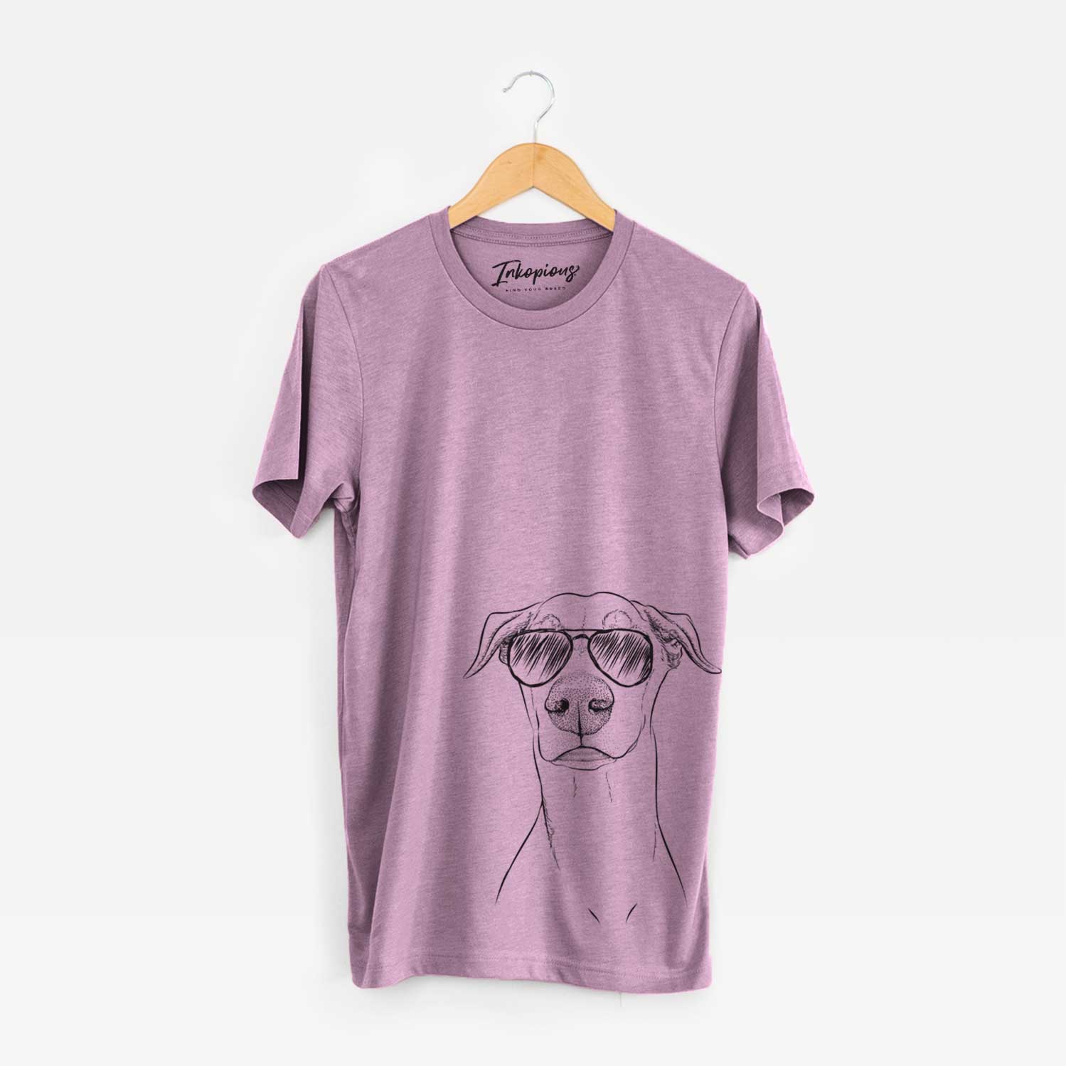Hand-drawn sketch of Walter the White Doberman Rescue wearing aviator sunglasses on an Orchid Unisex crewneck